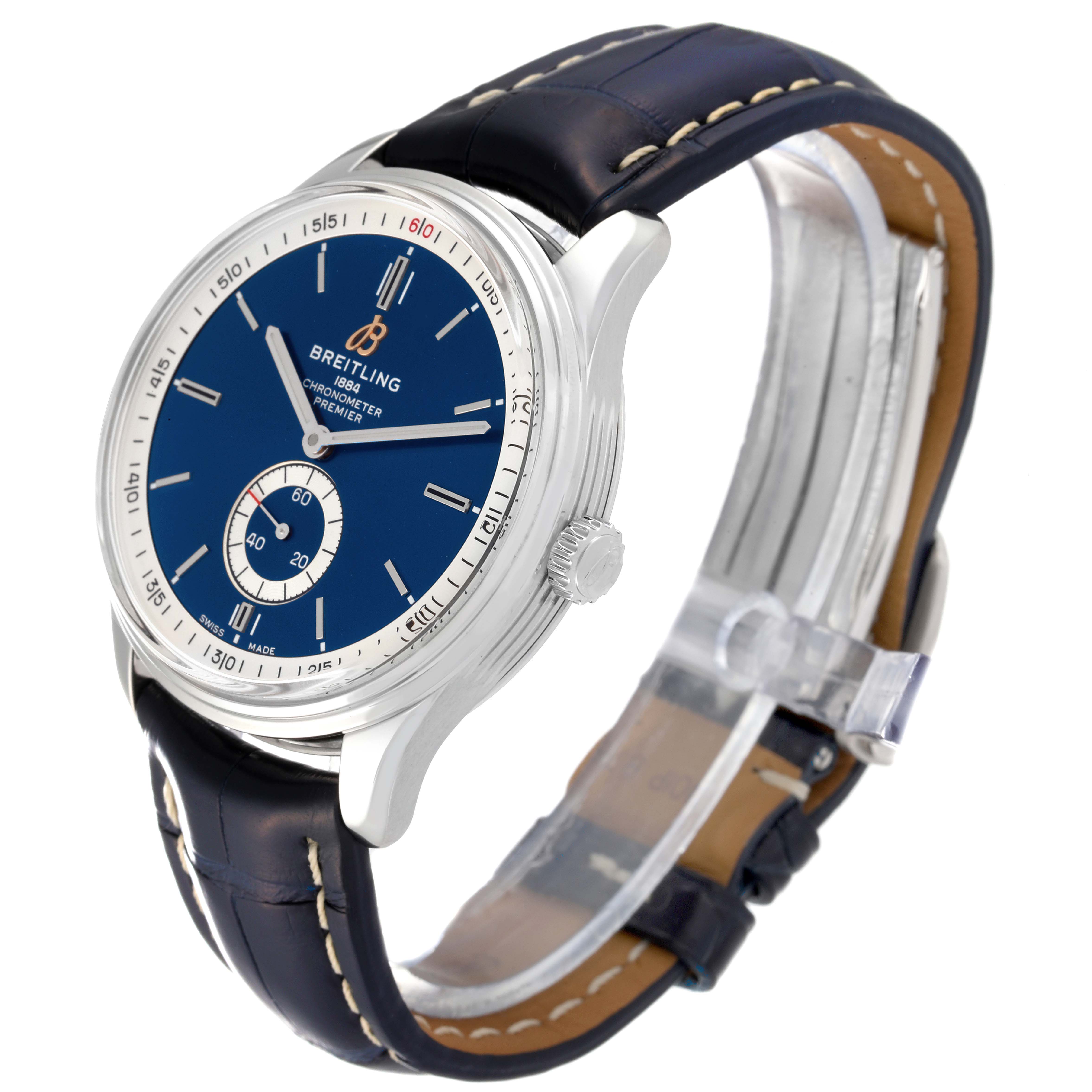 The Breitling Premier A37340351C1X2 Men's Stainless Steel Blue Dial A37340351C1X2 Men's Stainless Steel Blue Dial model watch is shown at a slight angle, displaying the blue dial, silver case, and black leather strap.