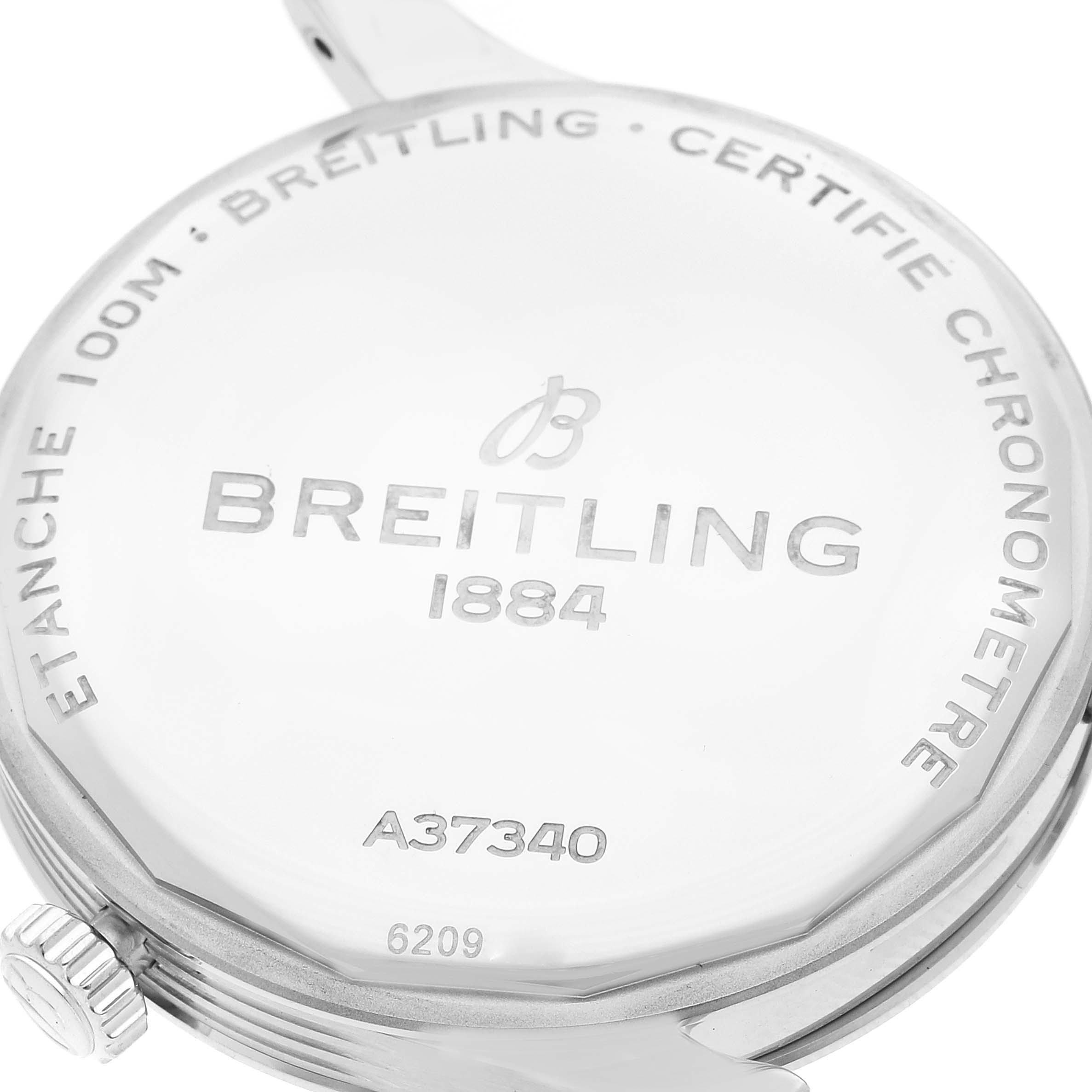 The image shows the back case of a Breitling Premier A37340351C1X2 Men's Stainless Steel Blue Dial A37340351C1X2 Men's Stainless Steel Blue Dial model watch, displaying the brand, model number A37340, and water resistance.
