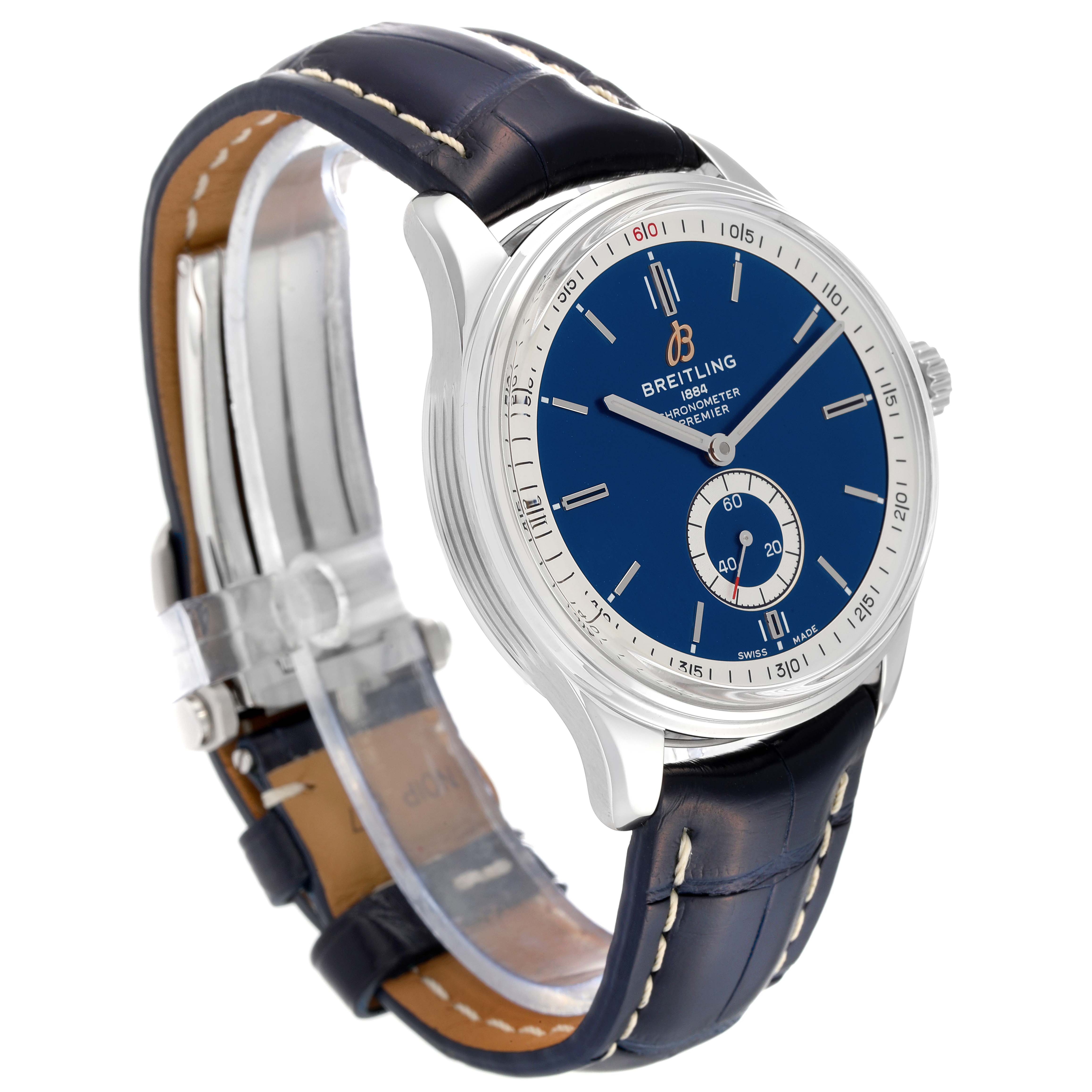 This Breitling Premier A37340351C1X2 Men's Stainless Steel Blue Dial A37340351C1X2 Men's Stainless Steel Blue Dial model watch is shown from a three-quarter angle, displaying the dial, case, and leather strap with stitching.