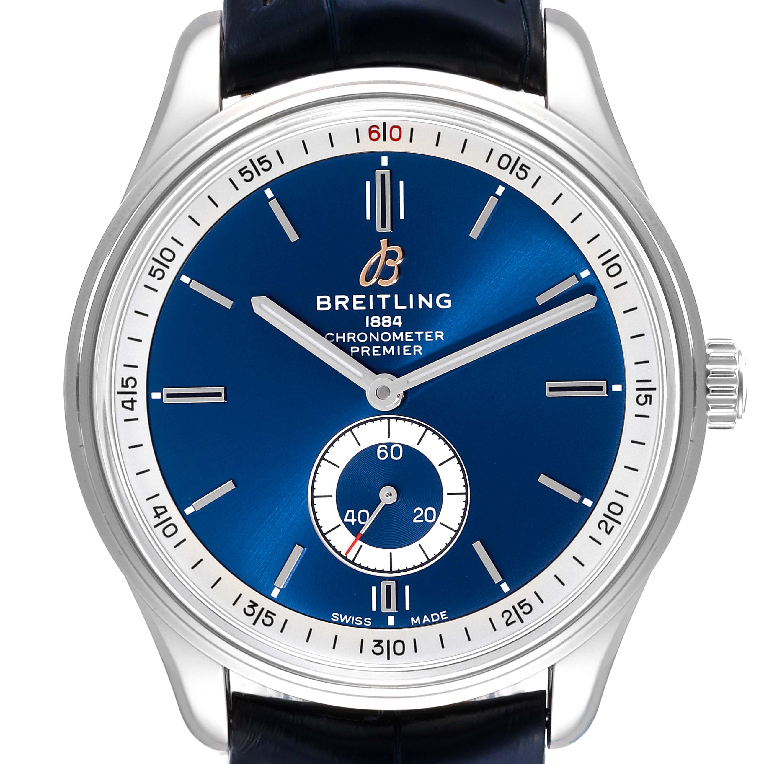 This image shows a front view of the Breitling Premier A37340351C1X2 Men's Stainless Steel Blue Dial A37340351C1X2 Men's Stainless Steel Blue Dial watch, detailing its blue dial, sub-dial, and silver bezel.