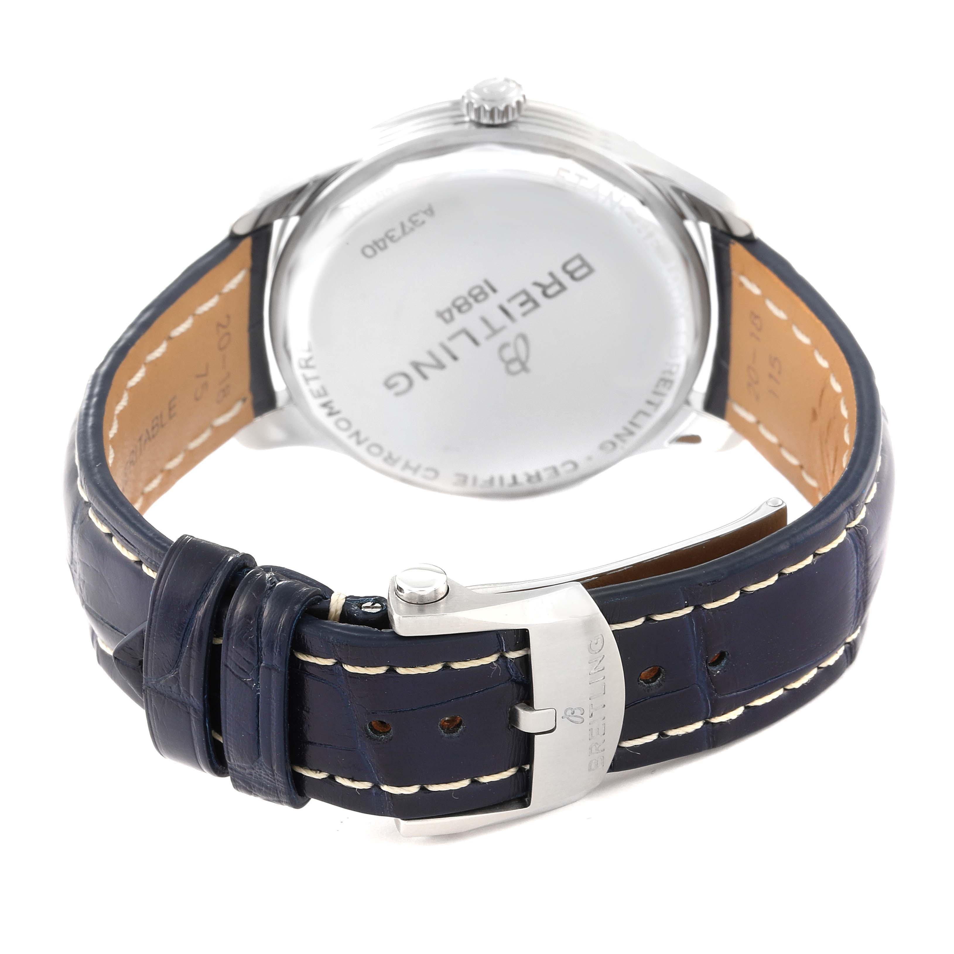 The image shows the back view of a Breitling Premier A37340351C1X2 Men's Stainless Steel Blue Dial A37340351C1X2 Men's Stainless Steel Blue Dial watch, clearly displaying the clasp, leather strap, and case back.