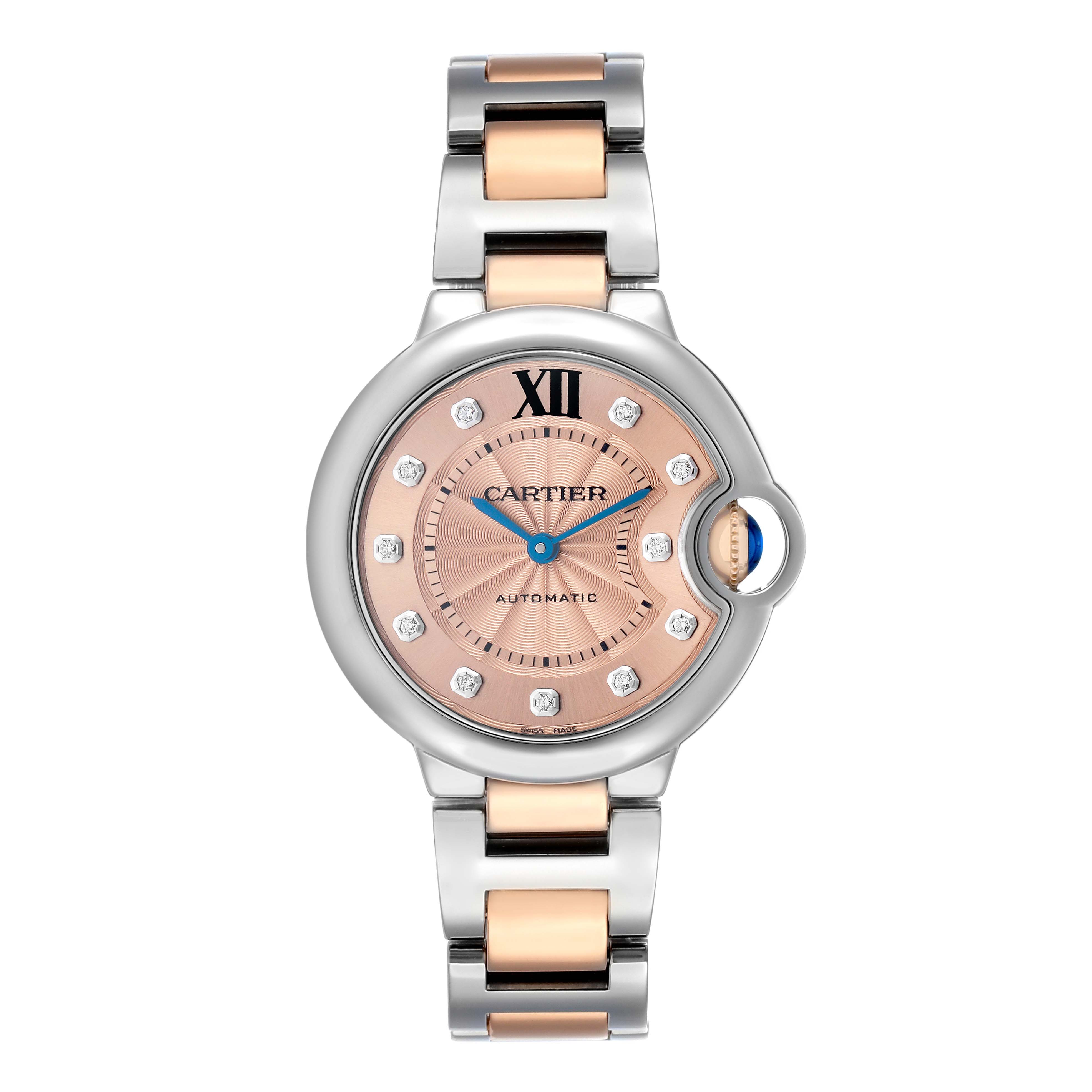 The Cartier Ballon Bleu WE902053 Women's Stainless Steel Pink Dial watch is shown from the front, displaying its dial, hands, and bracelet links.