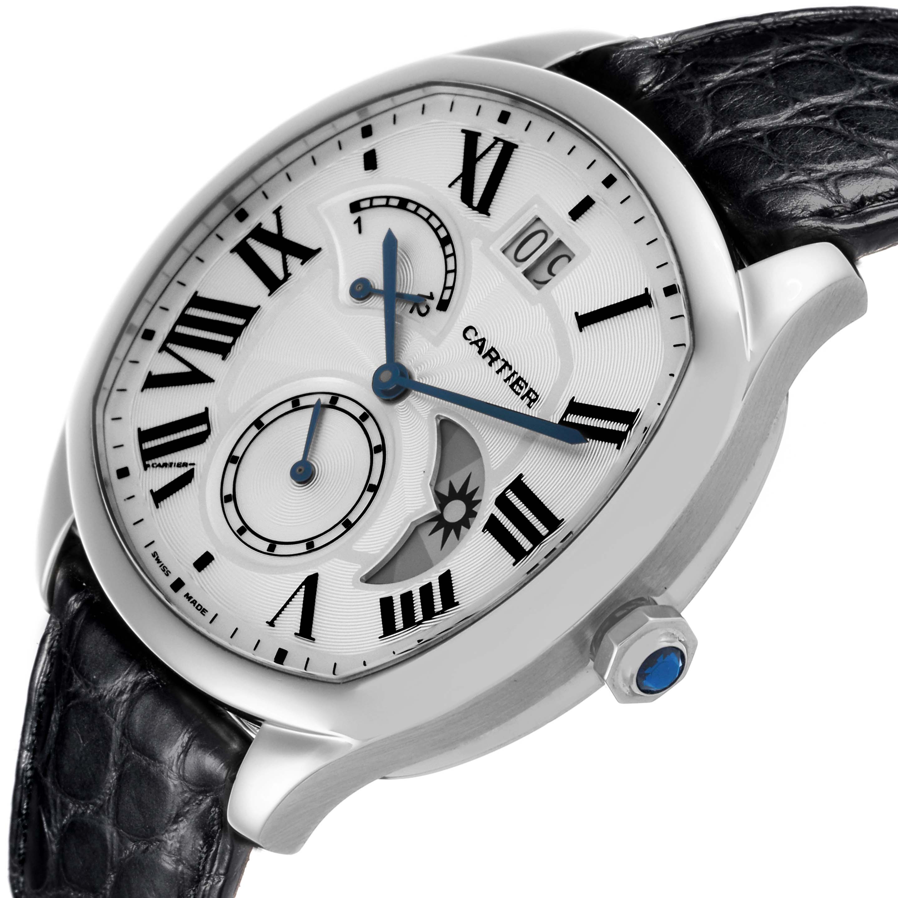 The Drive de Cartier watch is shown from a tilted angle, highlighting the dial, Roman numerals, subdials, and black leather strap.