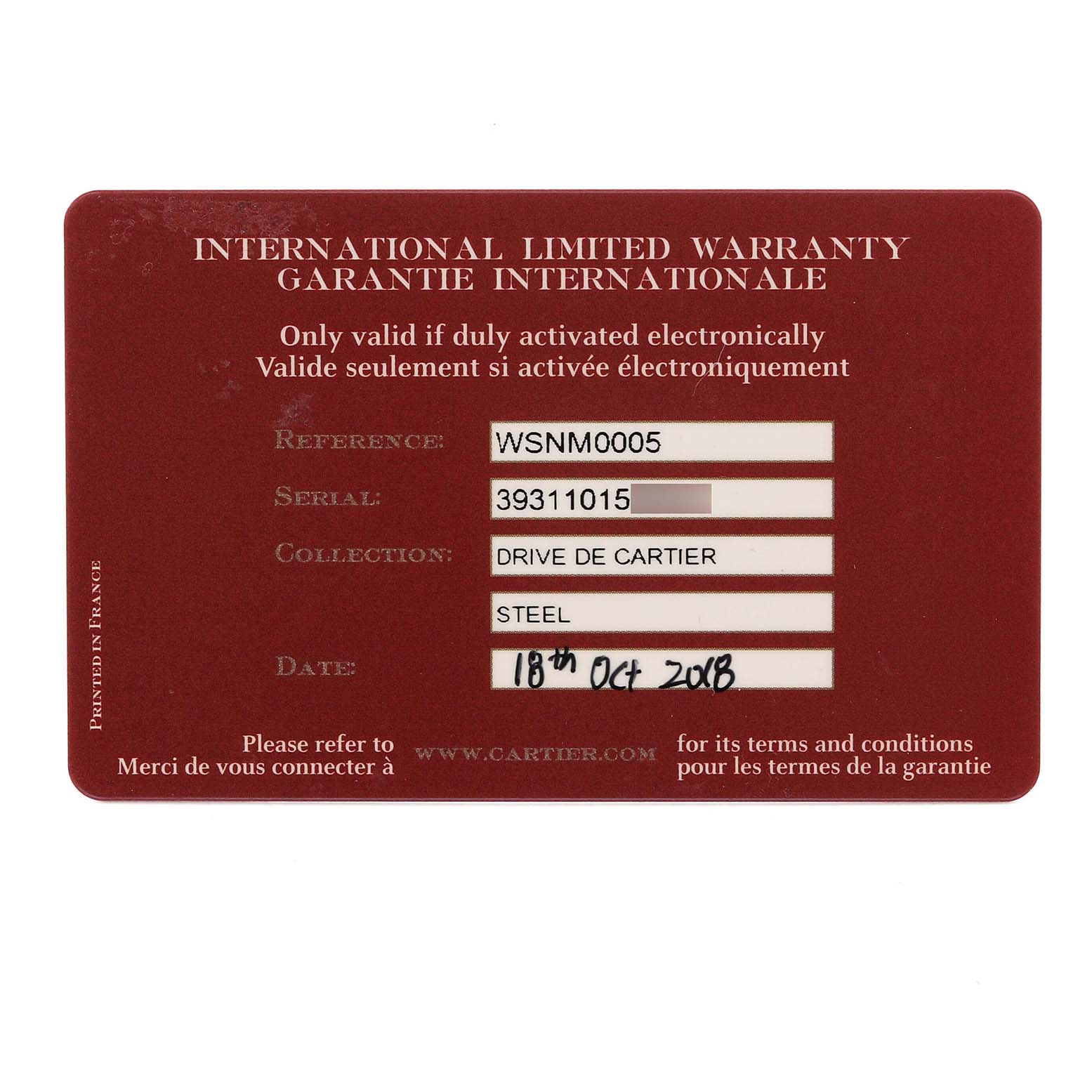 The image shows a Drive de Cartier international warranty card, detailing reference, serial, collection, material, and date.