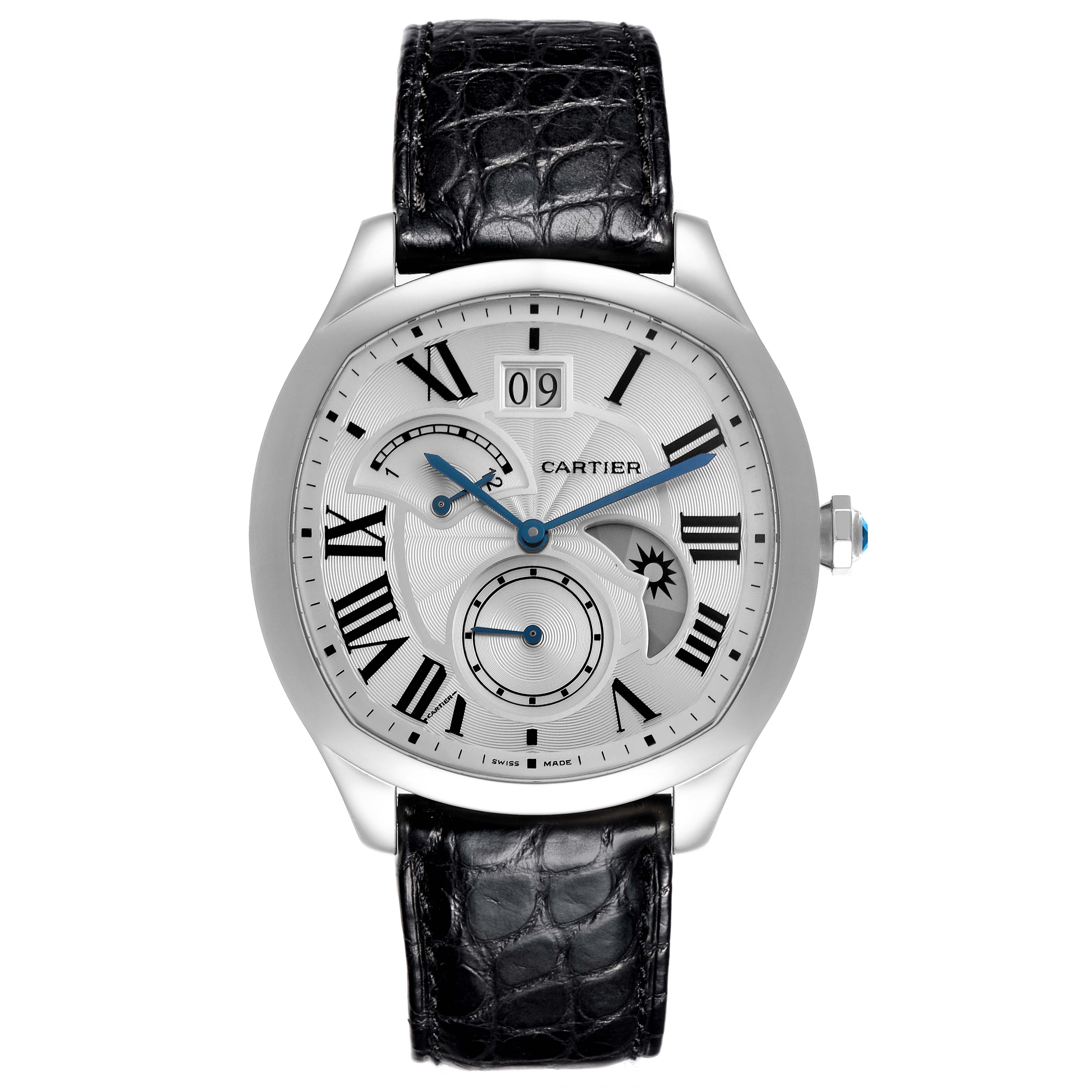 The Drive de Cartier watch is shown from the front, displaying the face, hands, and strap.