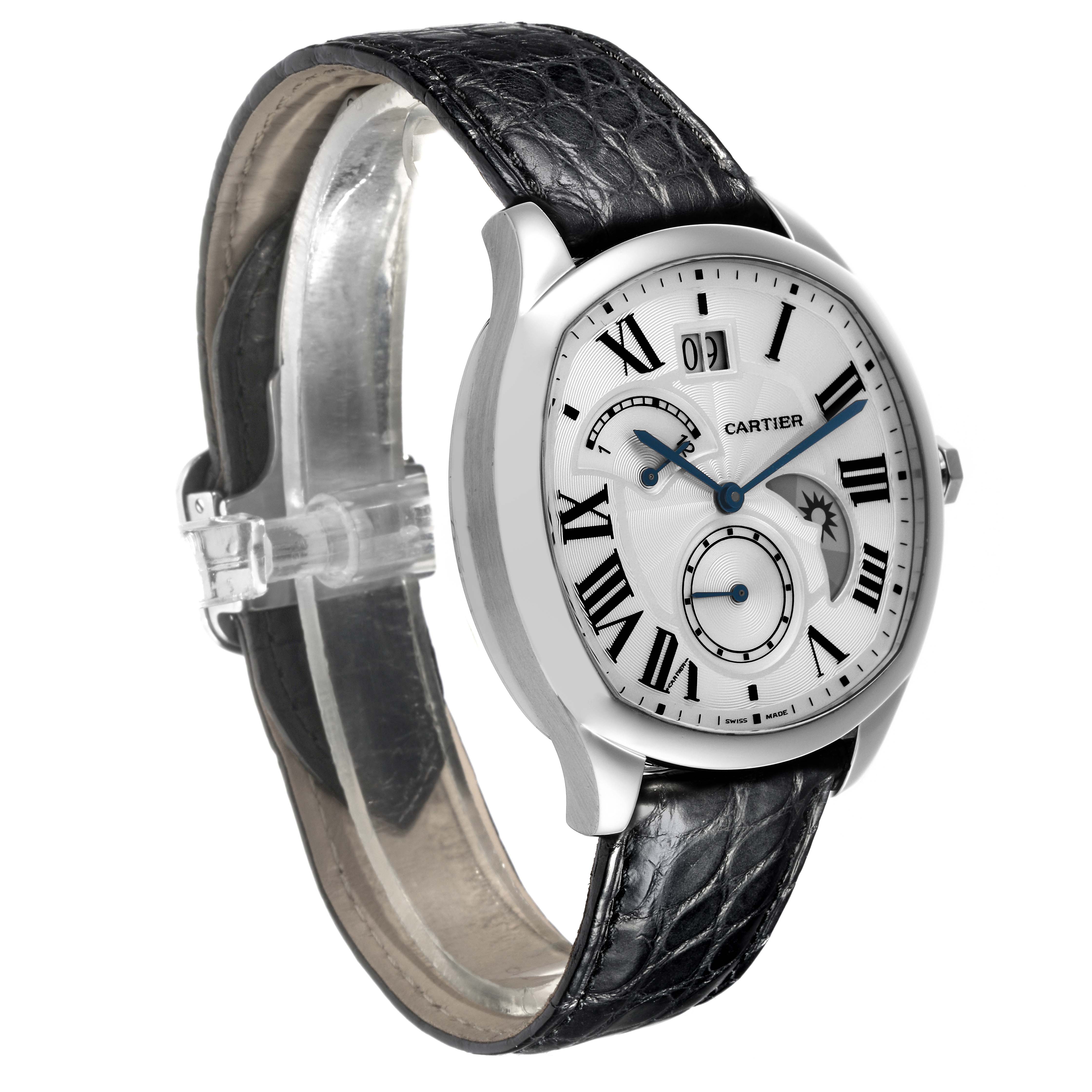 The Drive de Cartier watch is shown at a three-quarter angle, highlighting its face, Roman numerals, and leather strap.