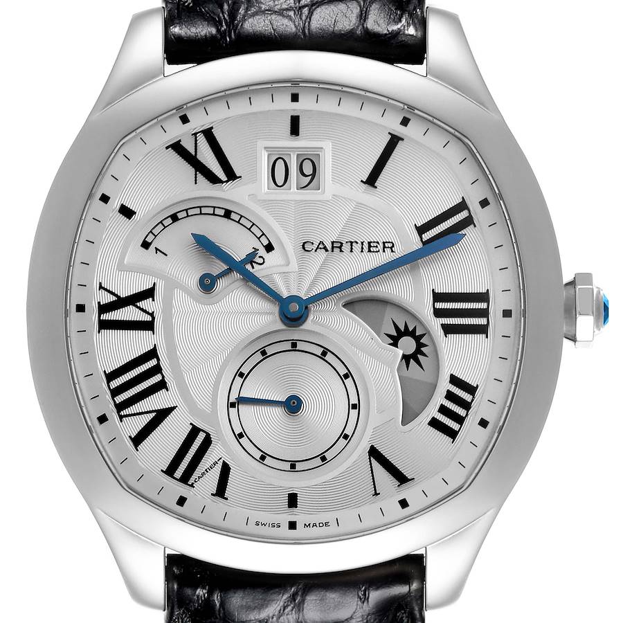 The Drive de Cartier watch is shown from a front angle, displaying the dial, hands, date window, and subdials.