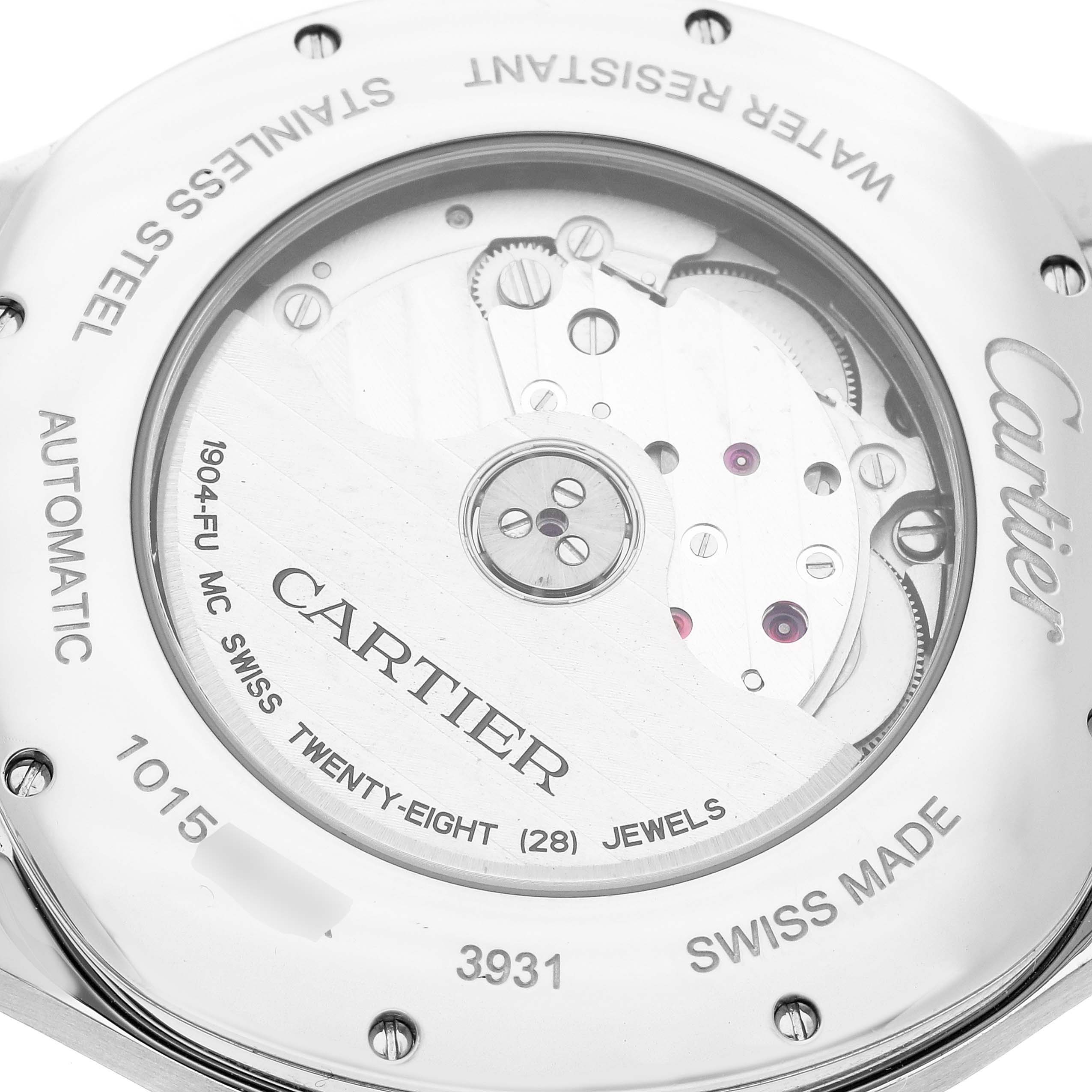 The image shows the back view of a Drive de Cartier watch, highlighting its automatic movement and internal mechanisms.