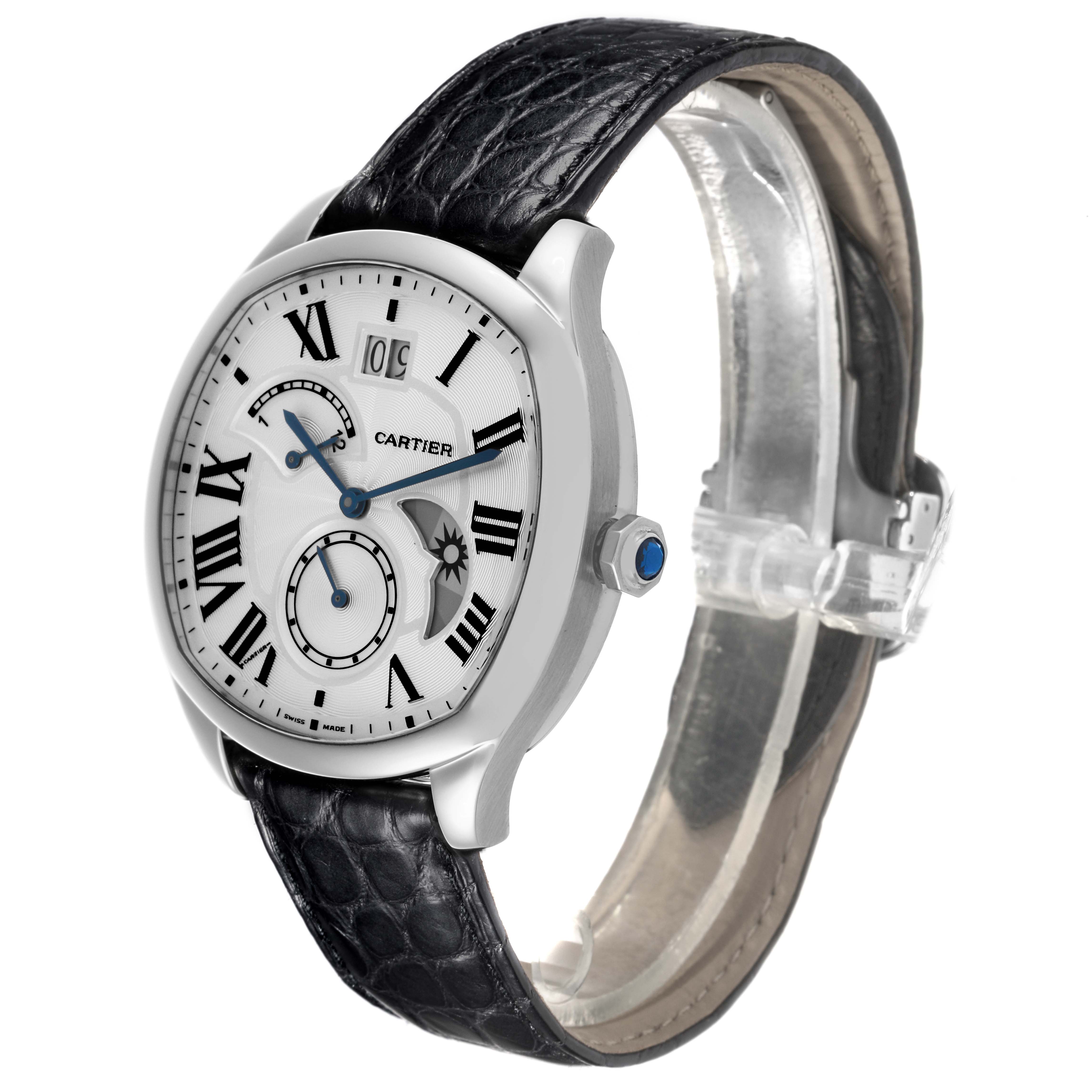 The Drive de Cartier watch is shown at a three-quarter angle, revealing the face, crown, and leather strap.