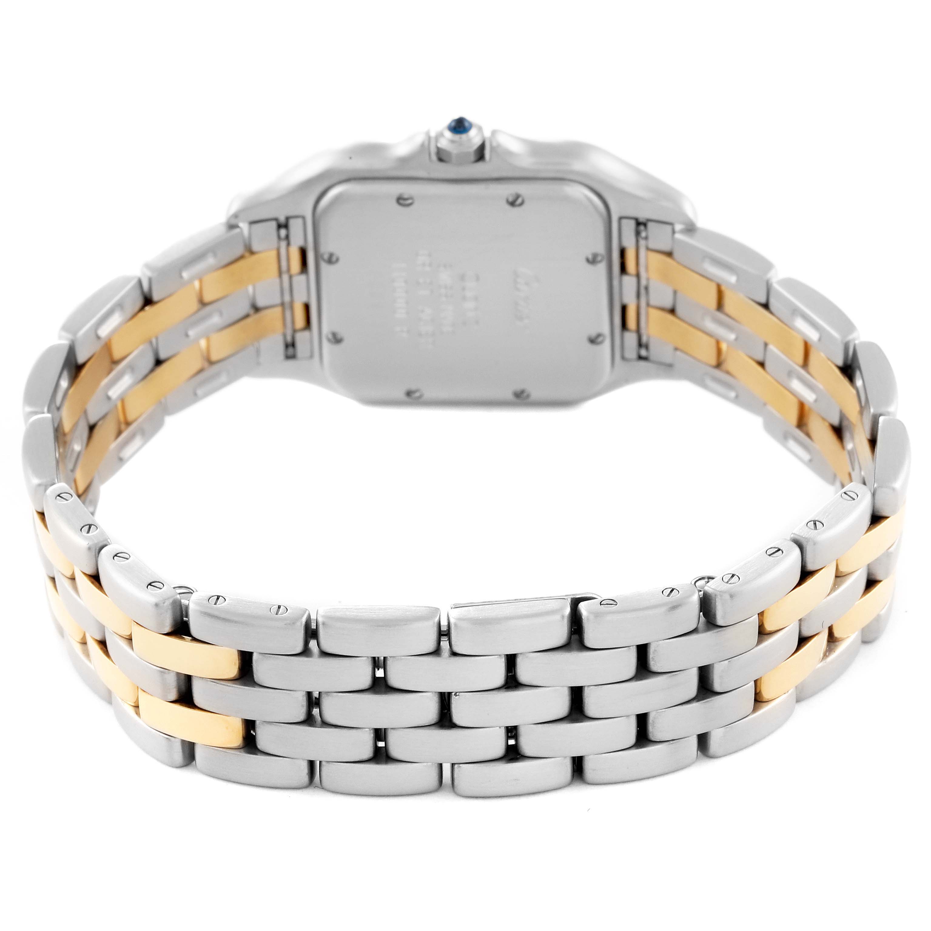 This image shows the back case and bracelet of a Cartier Panthere W25028B6 Women's Steel and Gold (two tone) Silver Dial W25028B6 Women's Steel and Gold (two tone) Silver Dial watch, focusing on its two-tone metal links.