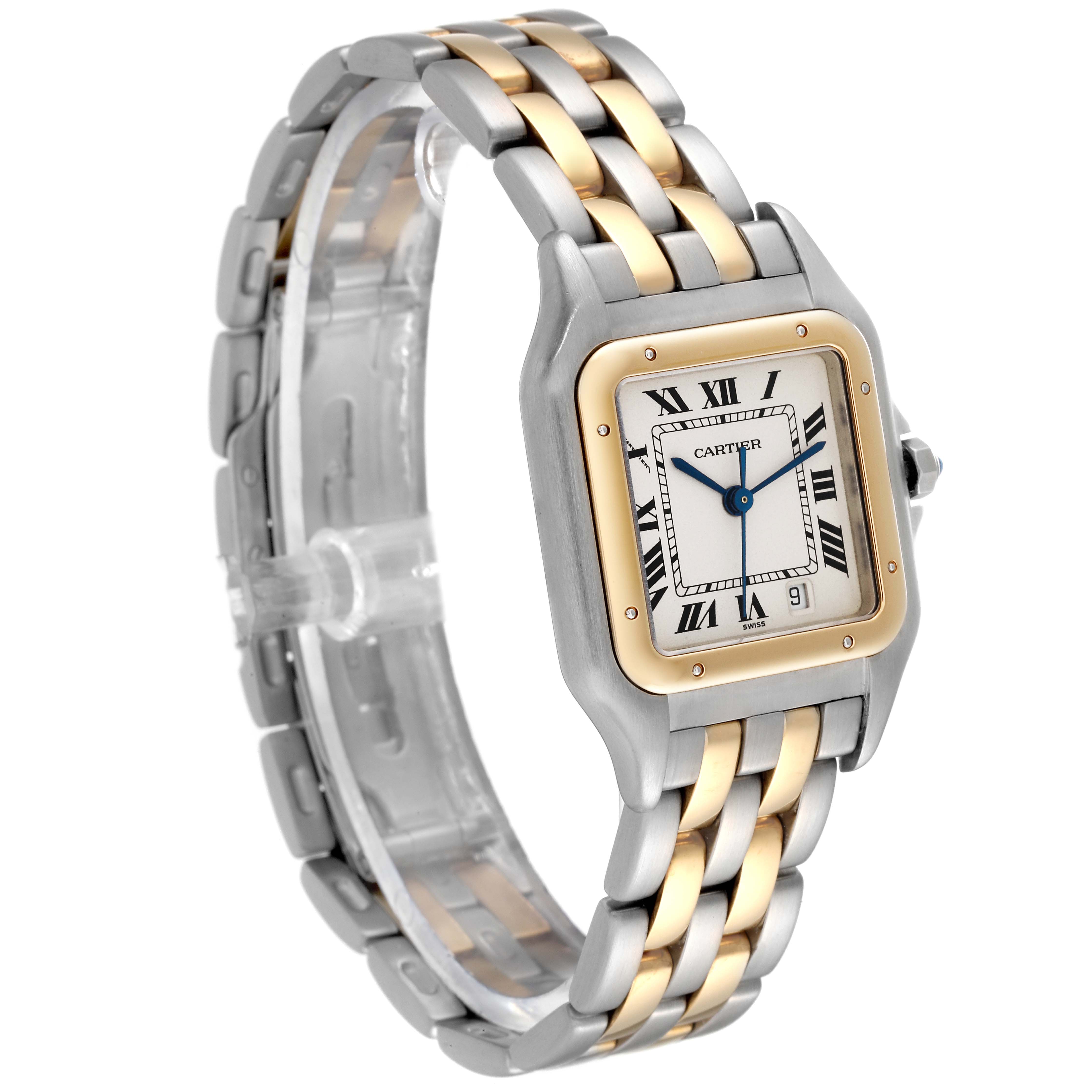 This image shows a Panthere de Cartier watch at a three-quarter angle, highlighting its two-tone metal bracelet and square face.