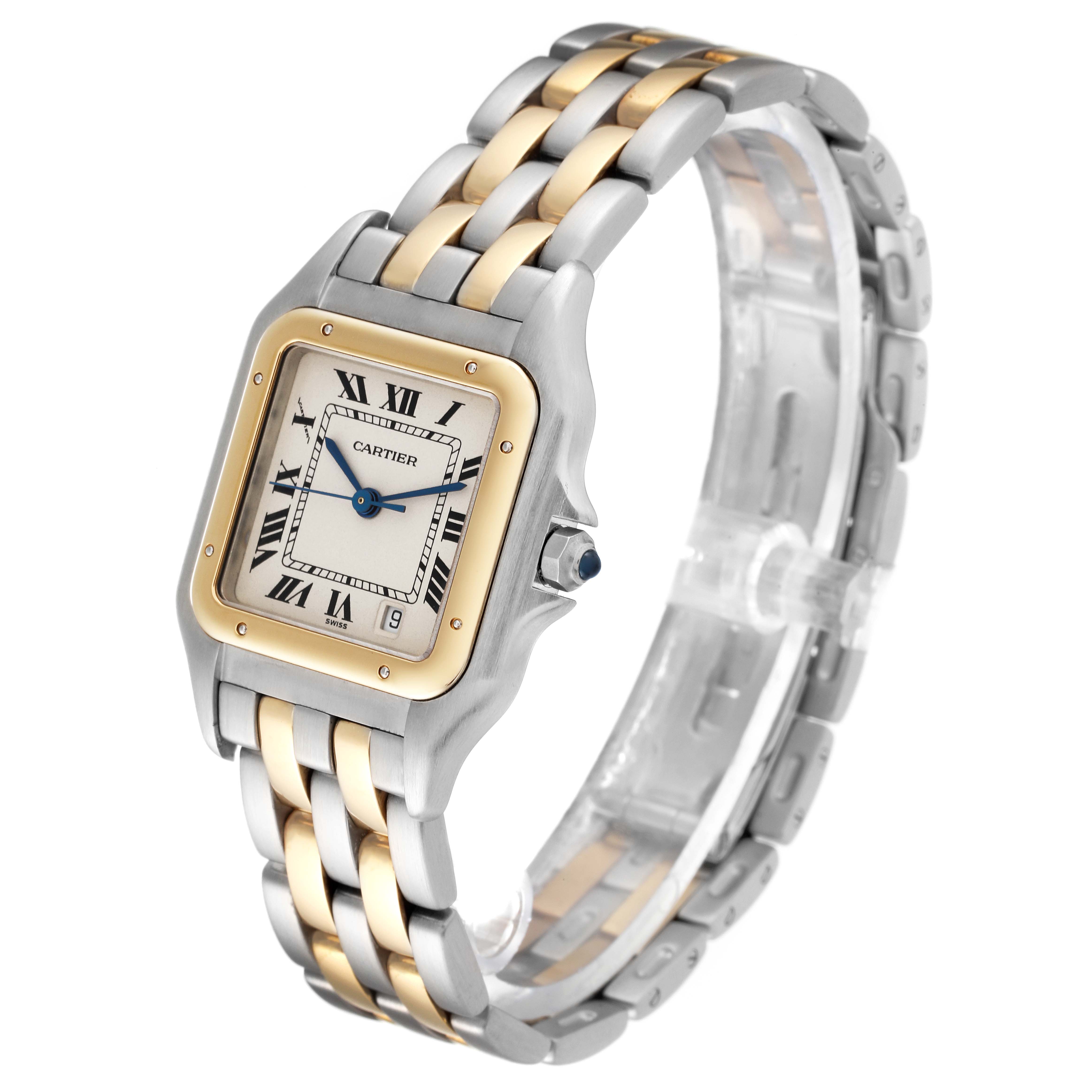 The image shows a Cartier Panthere W25028B6 Women's Steel and Gold (two tone) Silver Dial W25028B6 Women's Steel and Gold (two tone) Silver Dial watch at an angled view, displaying the face, bezel, and two-toned metal band.