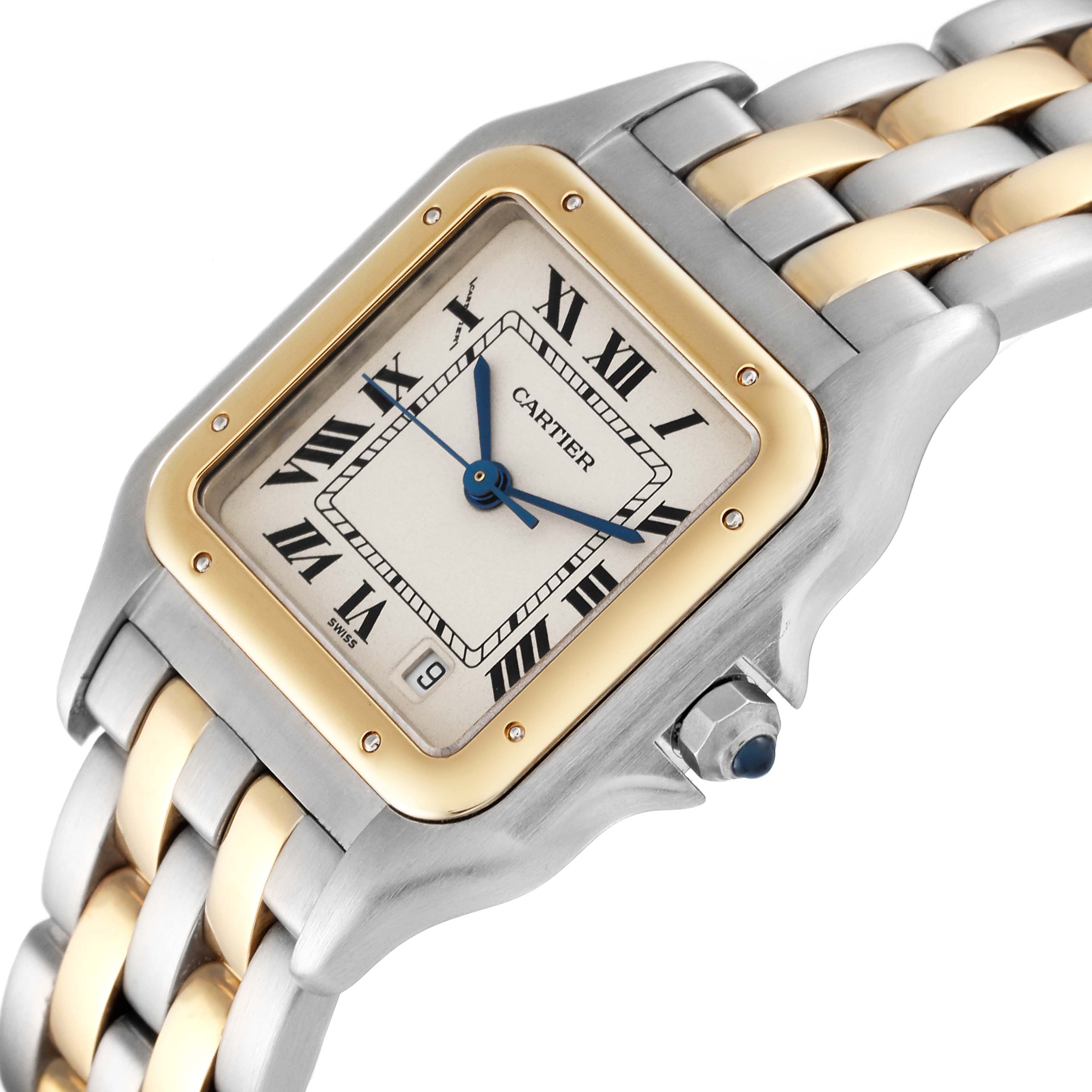 The image shows a close-up of the Cartier Panthere W25028B6 Women's Steel and Gold (two tone) Silver Dial W25028B6 Women's Steel and Gold (two tone) Silver Dial watch's face at an angle, including part of the bracelet and crown.
