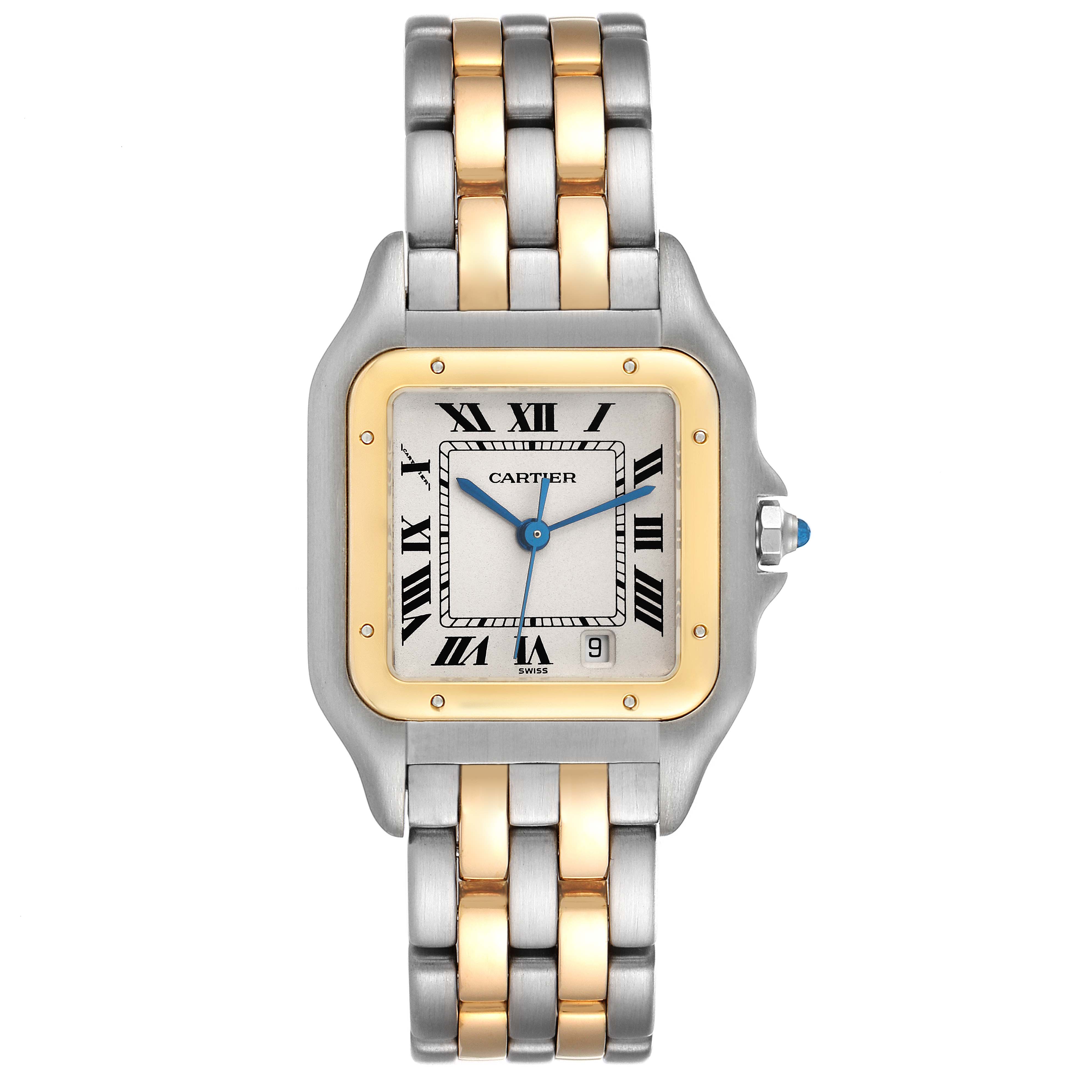 The image shows a Cartier Panthere W25028B6 Women's Steel and Gold (two tone) Silver Dial W25028B6 Women's Steel and Gold (two tone) Silver Dial watch from a top-down angle, highlighting its two-tone bracelet and square dial with Roman numerals.