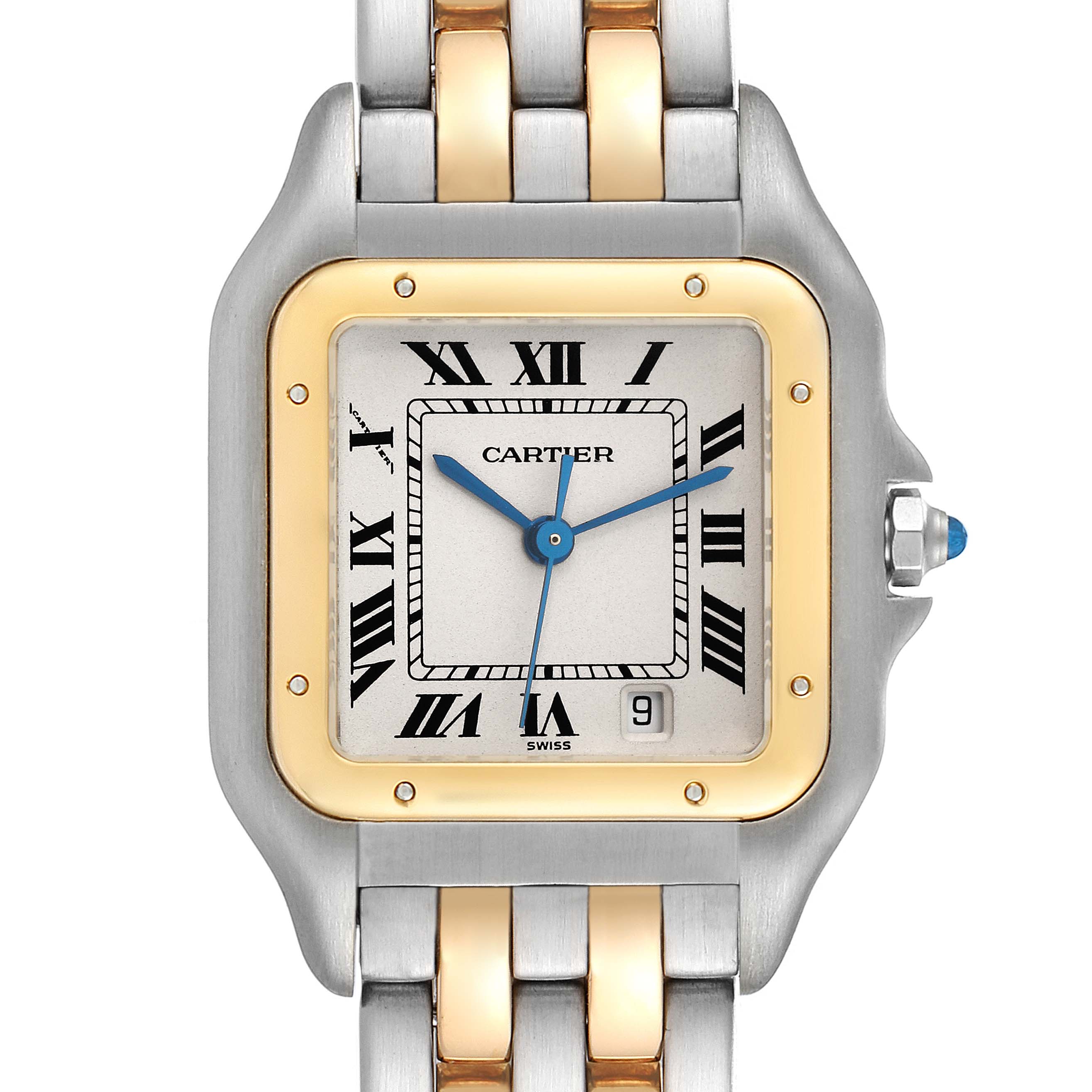 The image shows a frontal view of the Cartier Panthere W25028B6 Women's Steel and Gold (two tone) Silver Dial W25028B6 Women's Steel and Gold (two tone) Silver Dial watch, highlighting its square face, gold bezel, and two-tone metal band.