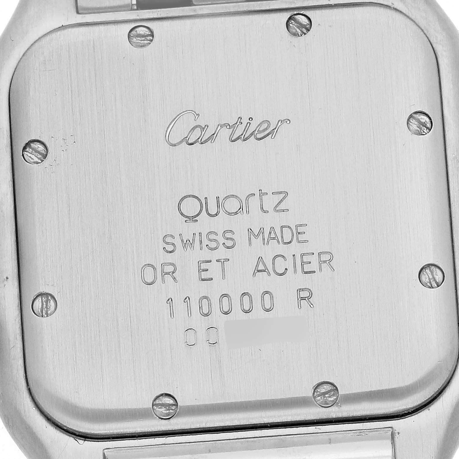 This image shows the back case of a Cartier Panthere W25028B6 Women's Steel and Gold (two tone) Silver Dial W25028B6 Women's Steel and Gold (two tone) Silver Dial model watch, featuring the brand name, model details, and screws.