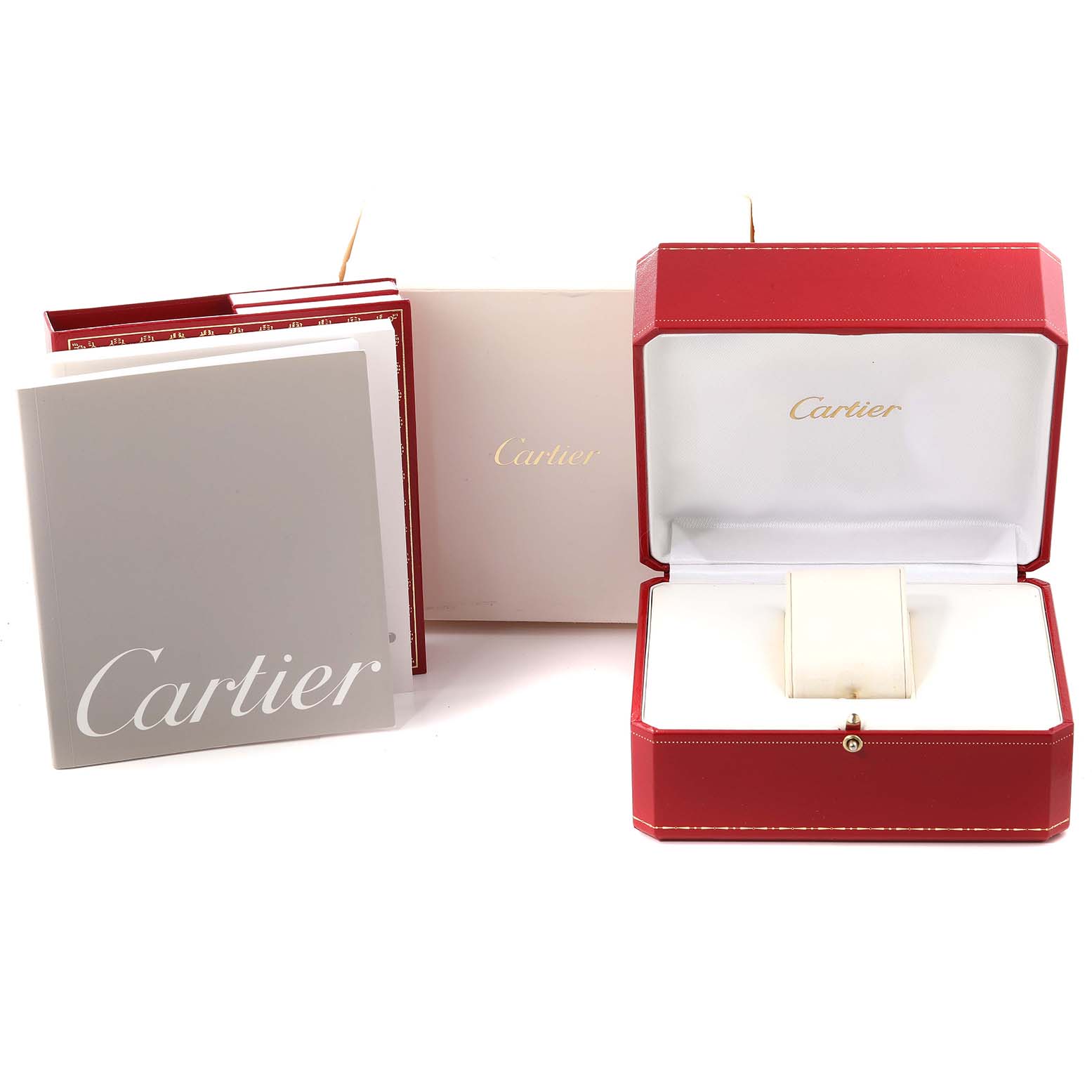 The image shows the open packaging and accessories for a Cartier Panthere W3PN0007 Women's Steel and Gold (two tone) Silver Dial W3PN0007 Women's Steel and Gold (two tone) Silver Dial model watch, including the box, booklet, and outer case.