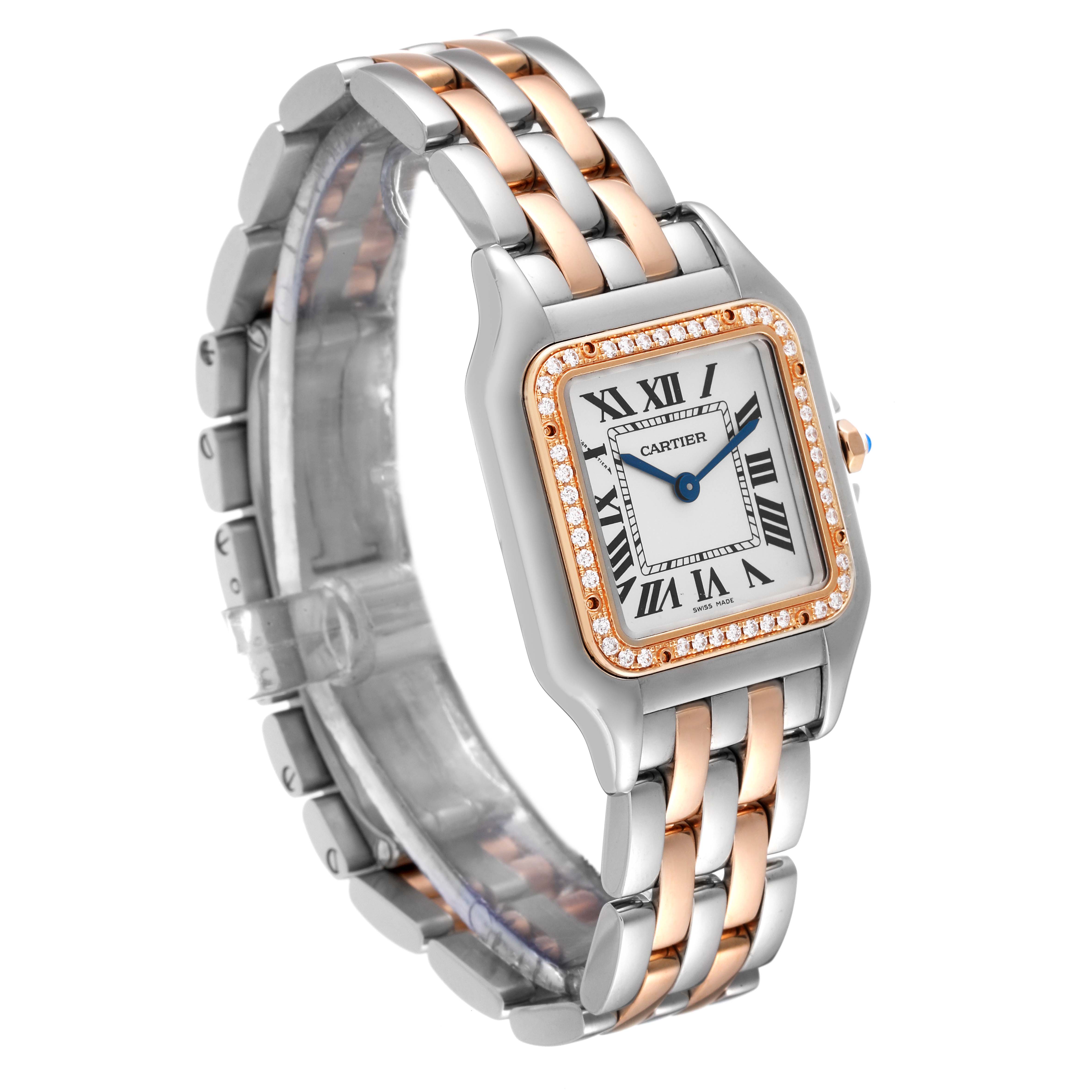 This Cartier Panthère watch is shown at a three-quarter angle, featuring its face, bezel, and metal link bracelet.