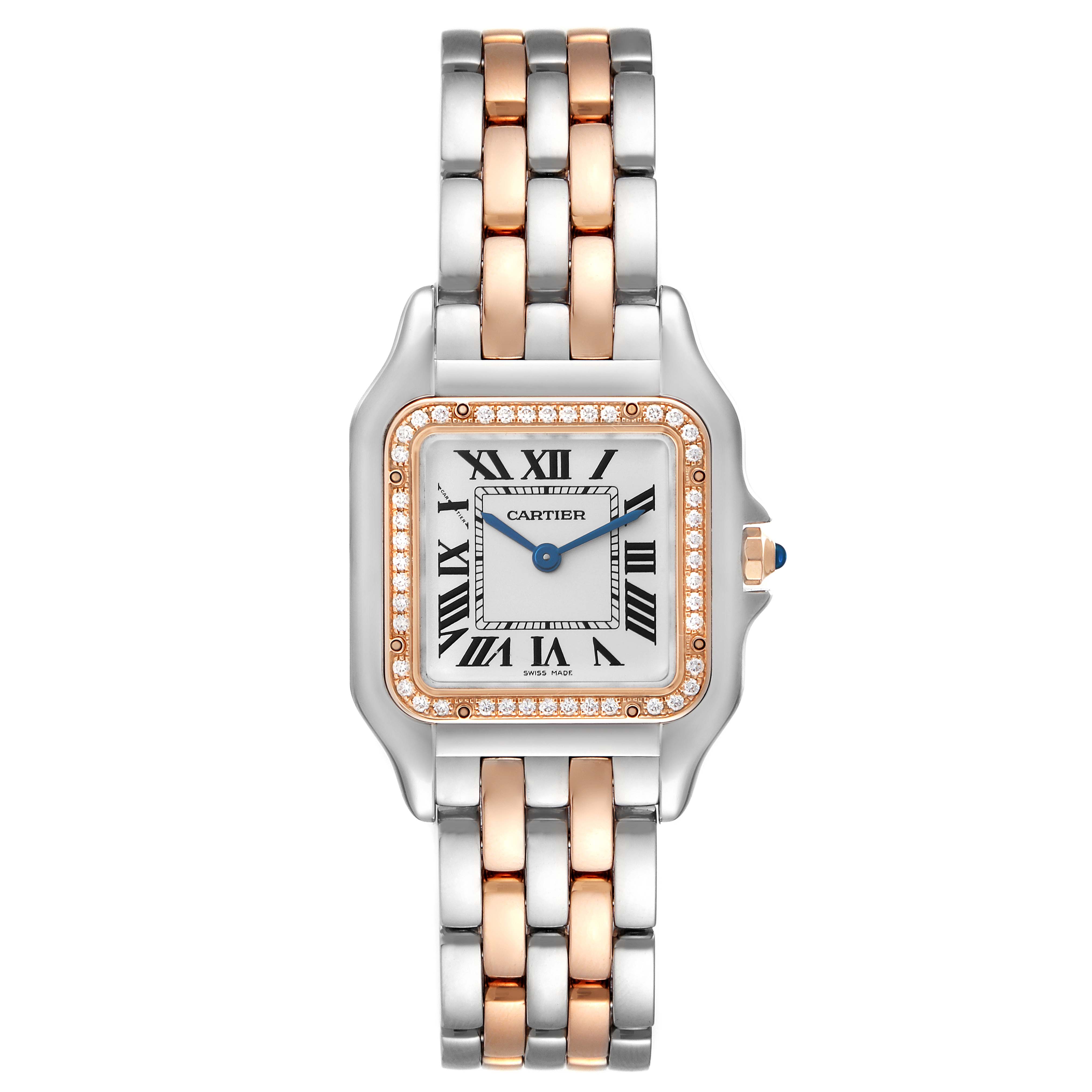 This image shows a Cartier Panthere W3PN0007 Women's Steel and Gold (two tone) Silver Dial W3PN0007 Women's Steel and Gold (two tone) Silver Dial watch from the front, highlighting its two-tone bracelet and diamond-encrusted square bezel.