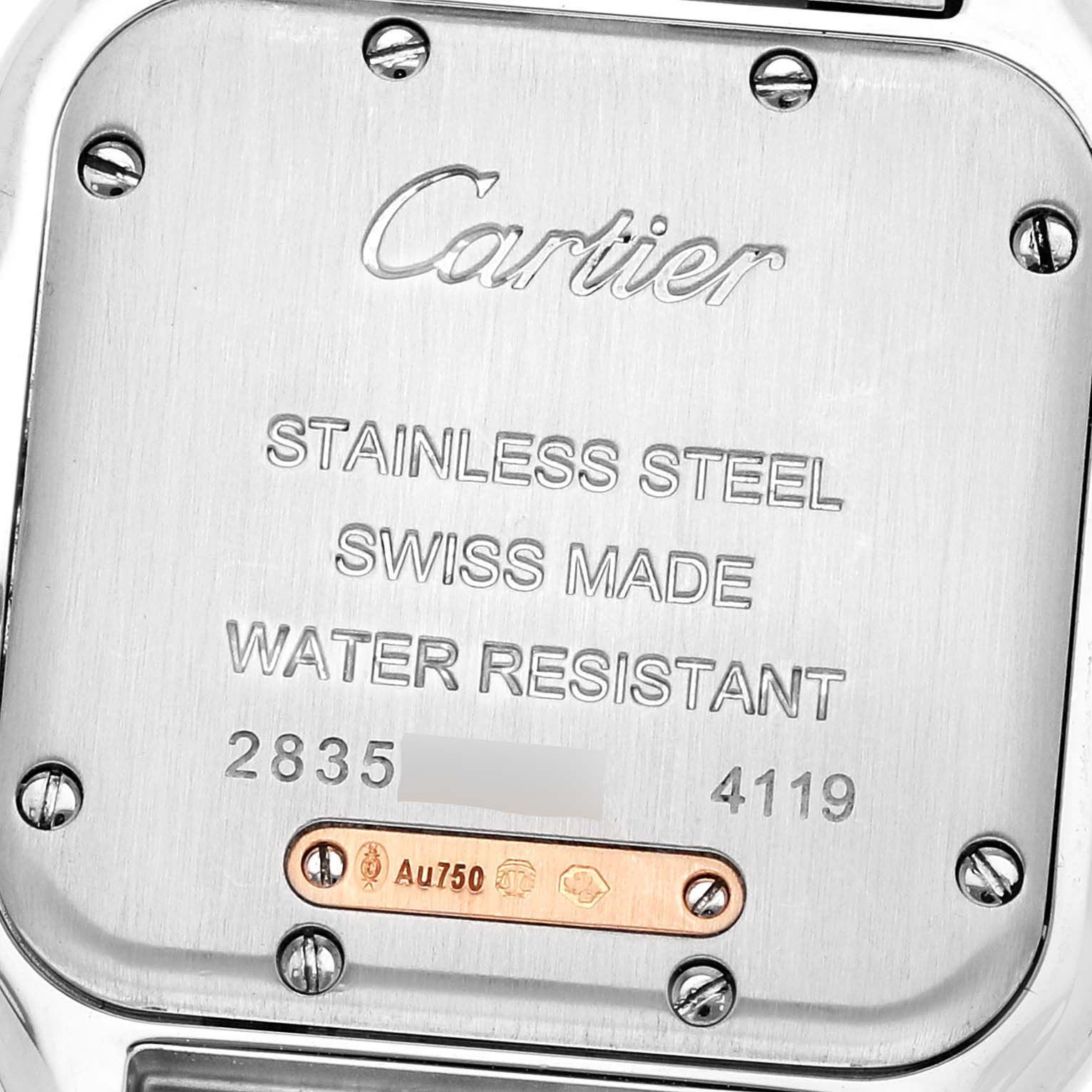 The image shows the case back of a Cartier Panthere W3PN0007 Women's Steel and Gold (two tone) Silver Dial W3PN0007 Women's Steel and Gold (two tone) Silver Dial model watch, highlighting its stainless steel and water-resistant properties.