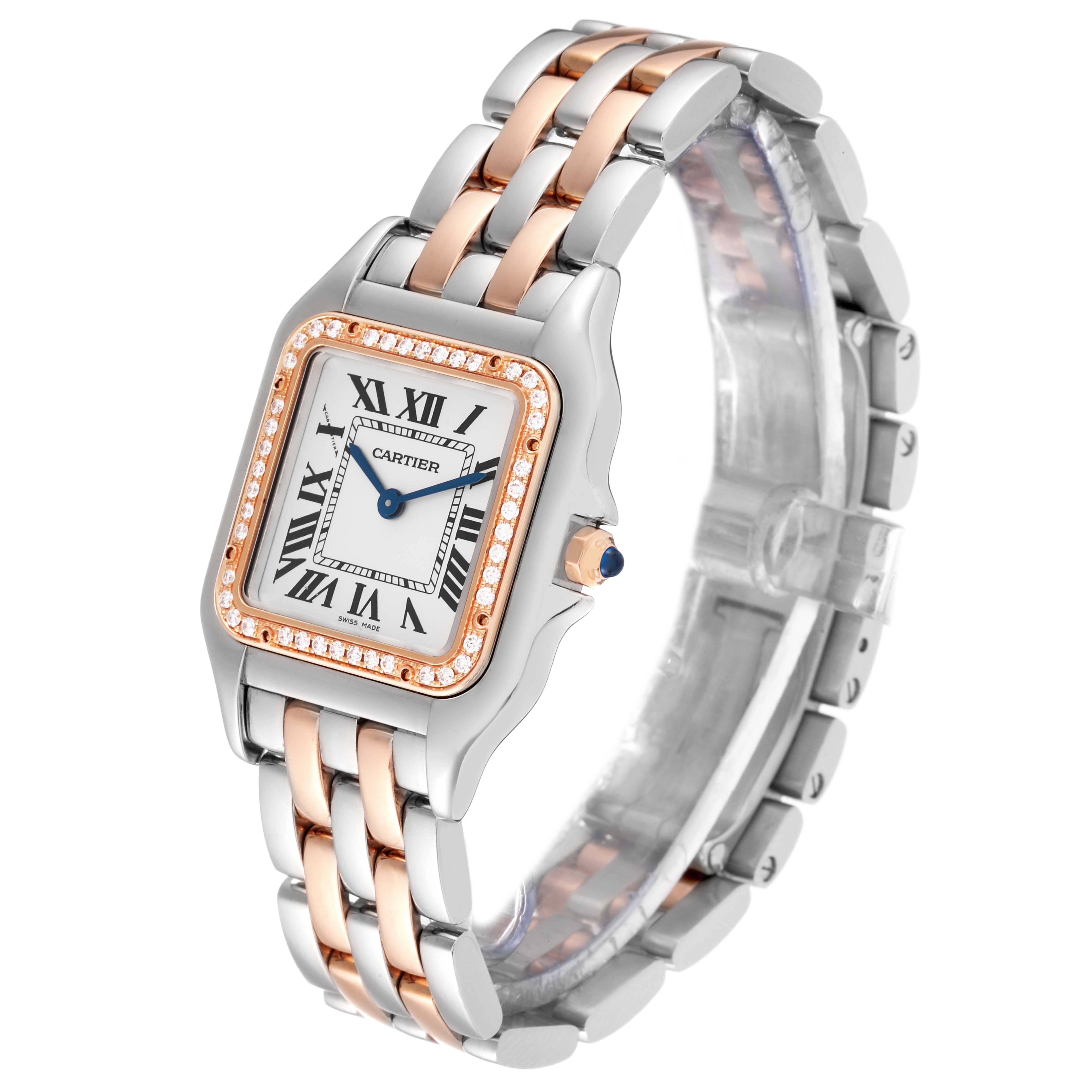 The image shows a Cartier Panthere W3PN0007 Women's Steel and Gold (two tone) Silver Dial W3PN0007 Women's Steel and Gold (two tone) Silver Dial model watch, focusing on its face, bezel, and two-tone bracelet at an angled view.