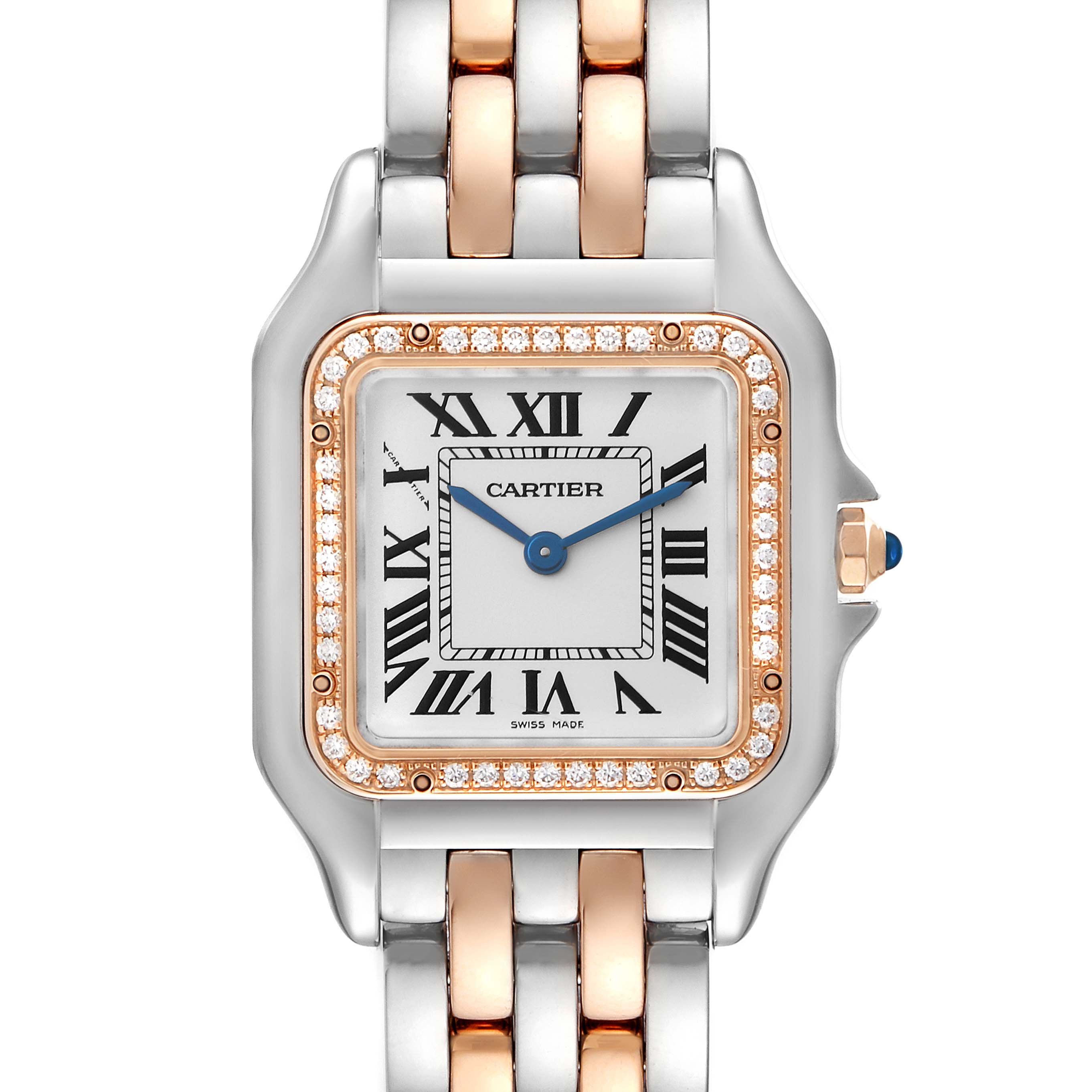 The image shows a Cartier Panthere W3PN0007 Women's Steel and Gold (two tone) Silver Dial W3PN0007 Women's Steel and Gold (two tone) Silver Dial watch face and part of its two-tone bracelet, from a straight-on angle.