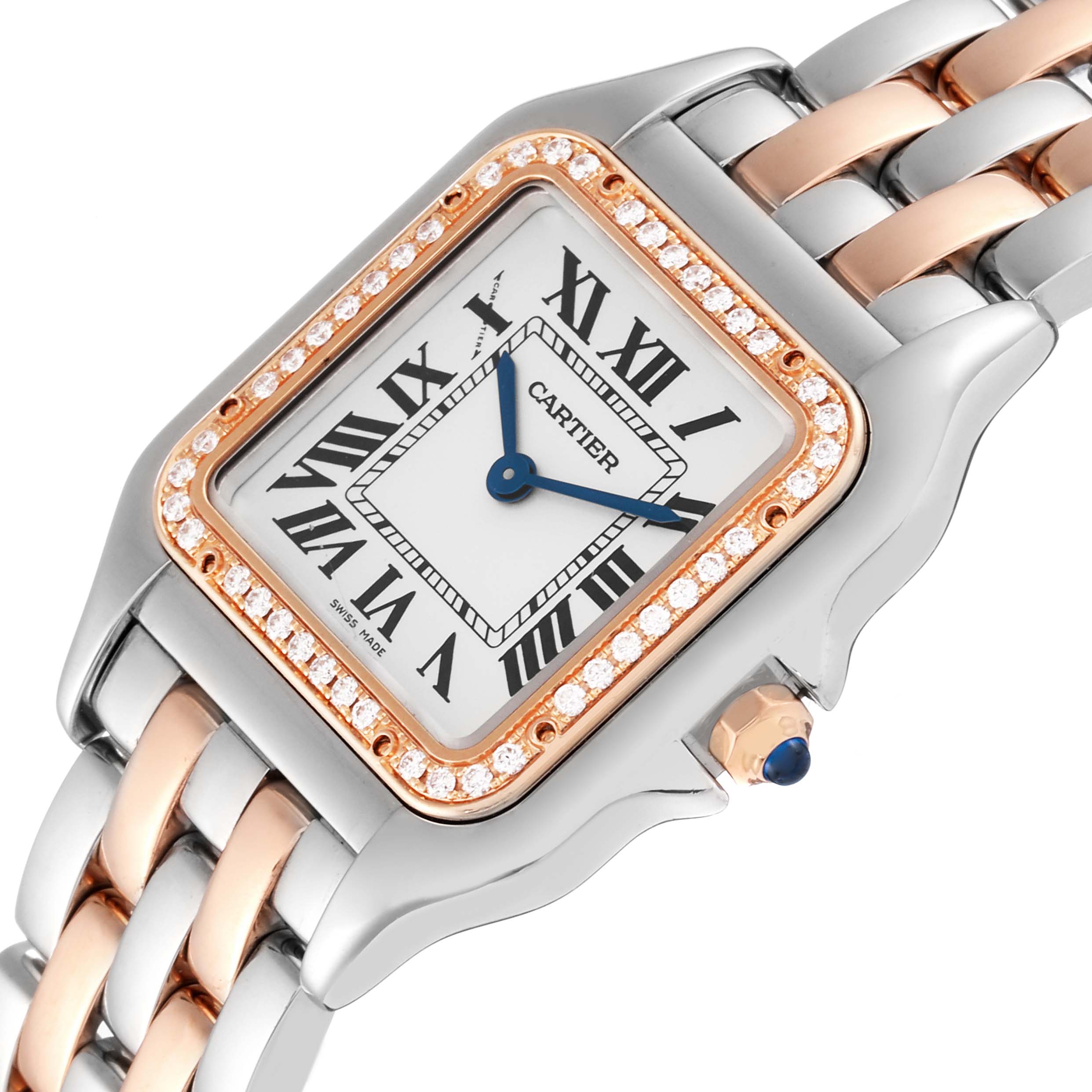 The image shows a close-up of the face and band of a Cartier Panthere W3PN0007 Women's Steel and Gold (two tone) Silver Dial W3PN0007 Women's Steel and Gold (two tone) Silver Dial watch at an oblique angle.