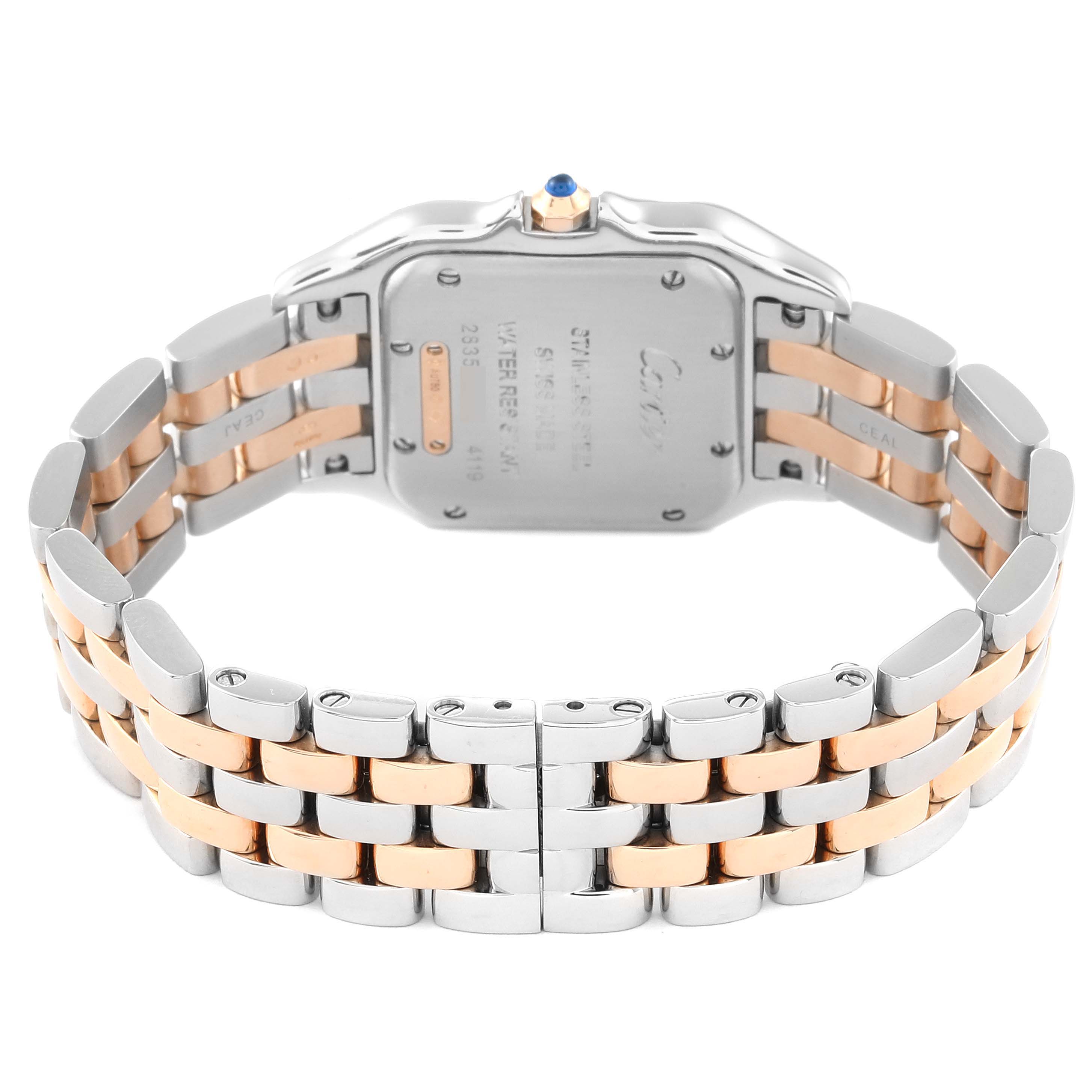 The image shows the back casing and two-tone bracelet of a Cartier Panthere W3PN0007 Women's Steel and Gold (two tone) Silver Dial W3PN0007 Women's Steel and Gold (two tone) Silver Dial watch, viewed from the rear.