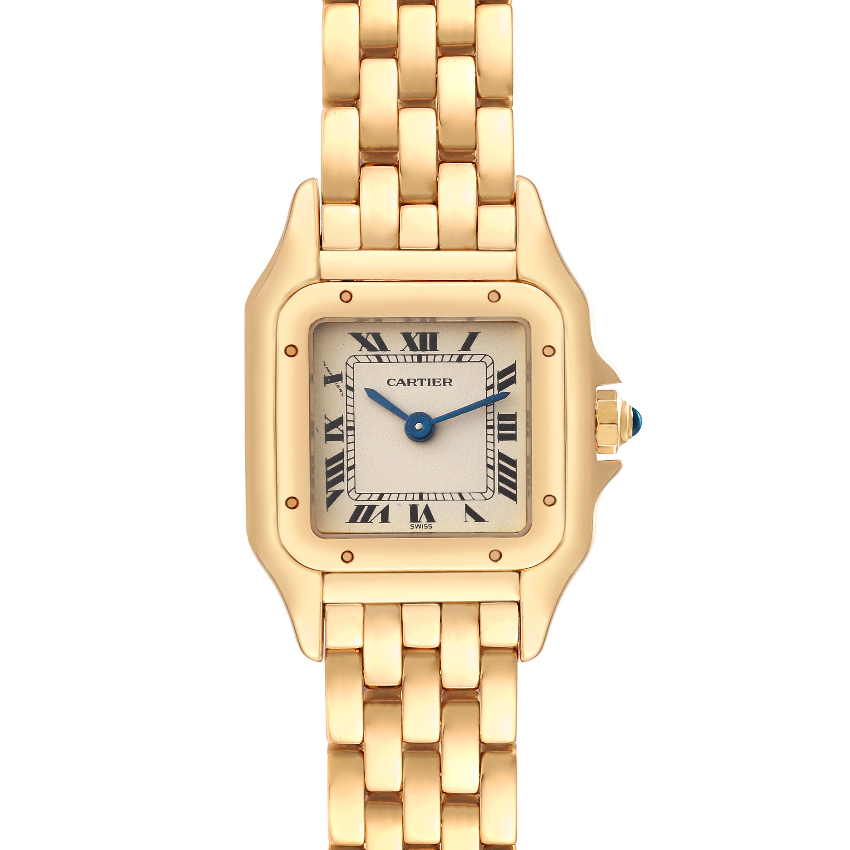 The image shows a frontal view of the Cartier Panthere W25022B9 Women's Yellow Gold Silver Dial W25022B9 Women's Yellow Gold Silver Dial watch, highlighting its square face and gold bracelet.