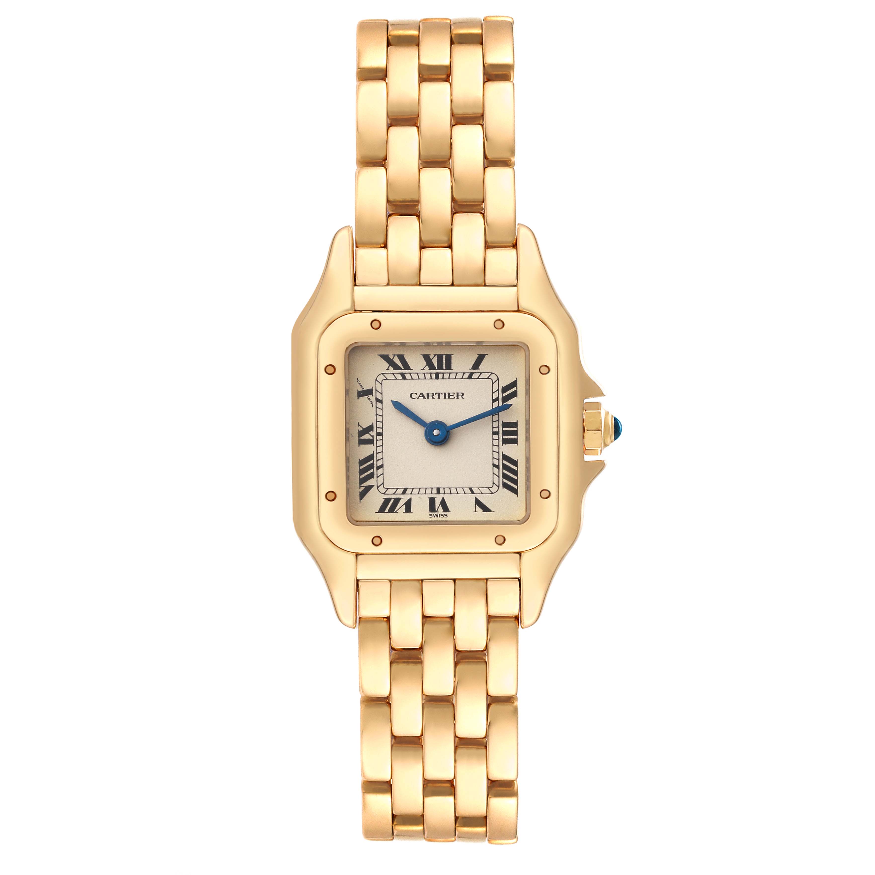 This is a top view of the Cartier Panthere W25022B9 Women's Yellow Gold Silver Dial W25022B9 Women's Yellow Gold Silver Dial watch, showcasing the dial, case, and gold bracelet.