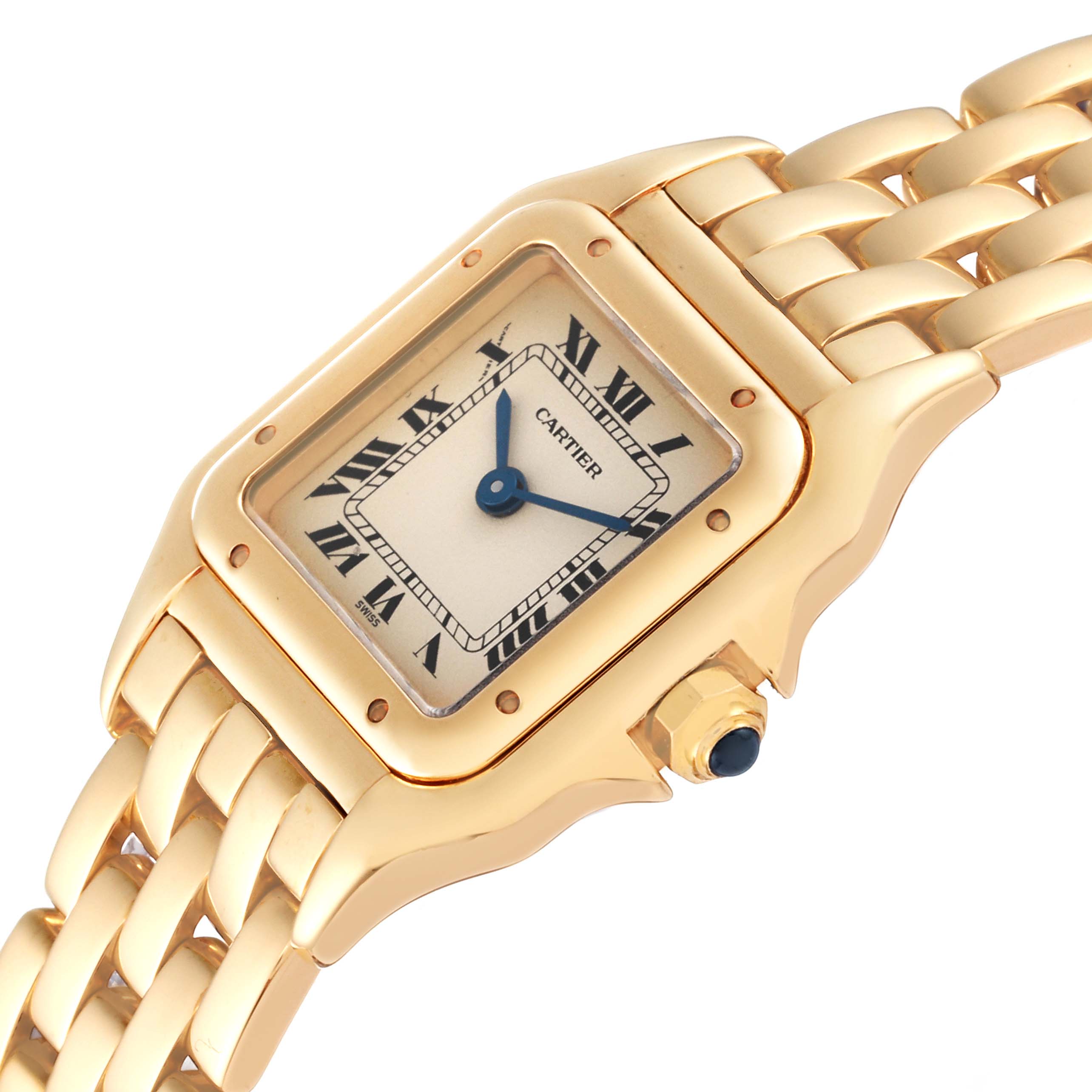 The Cartier Panthere W25022B9 Women's Yellow Gold Silver Dial W25022B9 Women's Yellow Gold Silver Dial watch is shown at an angle displaying the face, bezel, crown, and part of the gold bracelet.