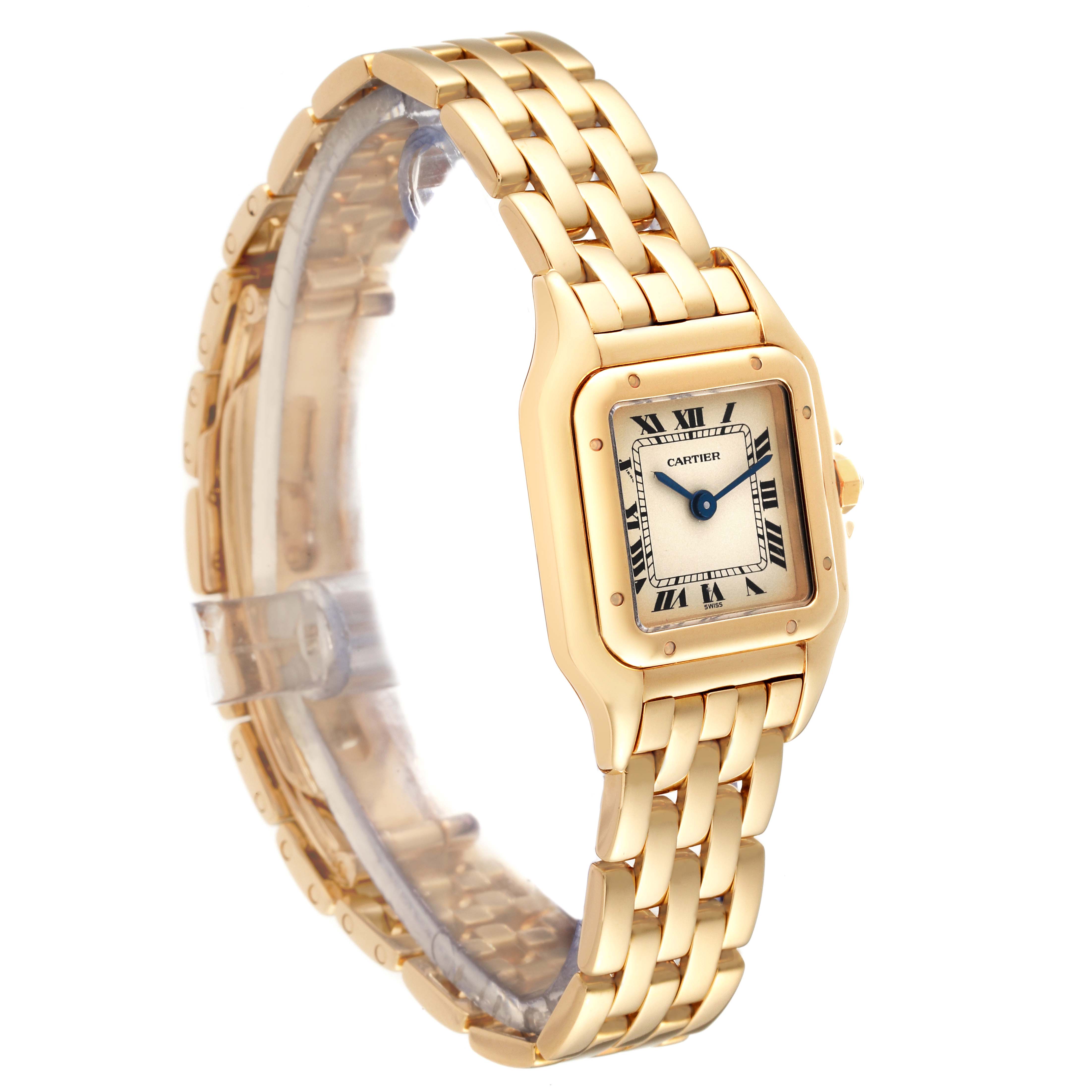 The image shows a front-side angle of the Cartier Panthere W25022B9 Women's Yellow Gold Silver Dial W25022B9 Women's Yellow Gold Silver Dial watch, highlighting its gold-tone case and bracelet with a white dial.