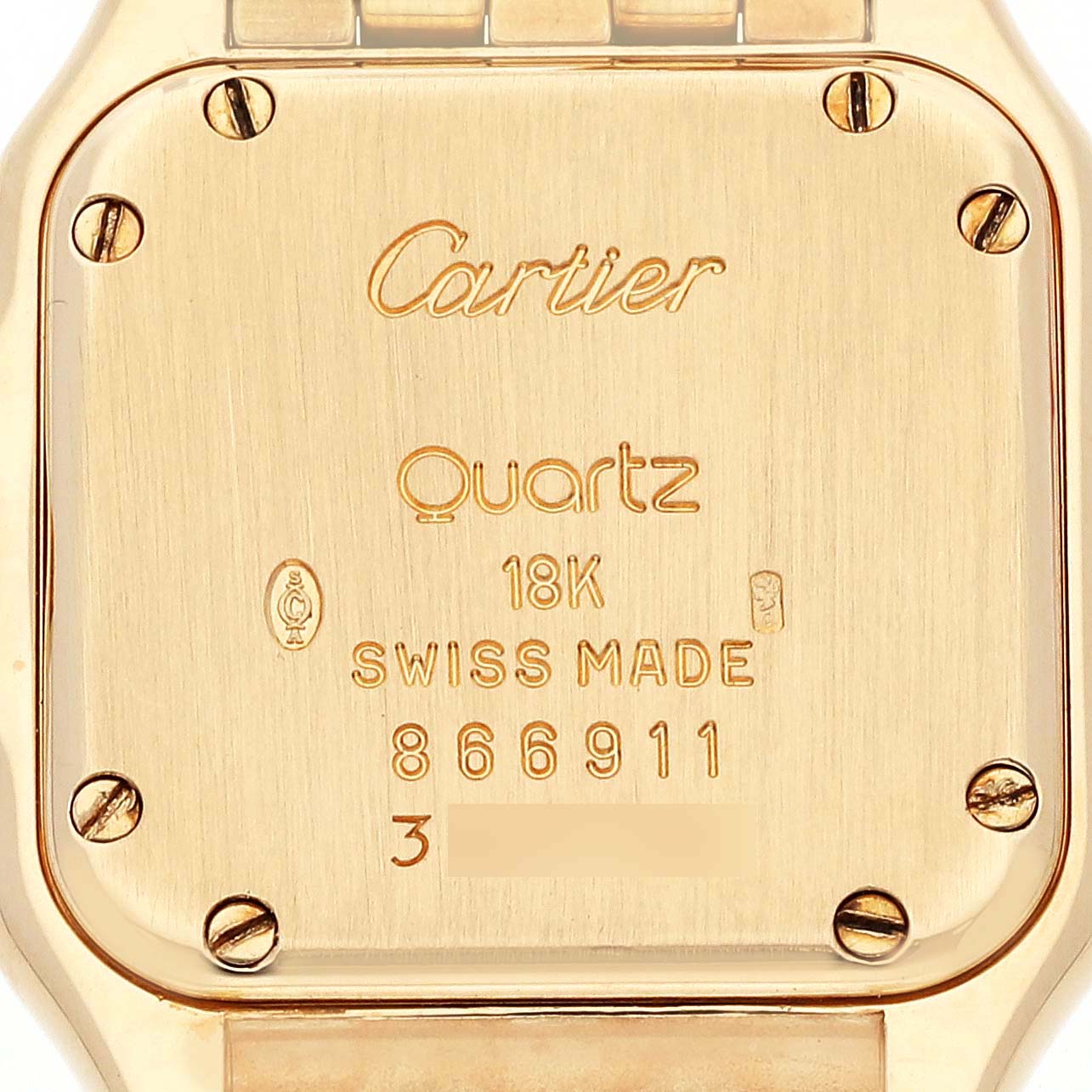 The image shows the back case of a Cartier Panthere W25022B9 Women's Yellow Gold Silver Dial W25022B9 Women's Yellow Gold Silver Dial watch, displaying its engravings and screws.