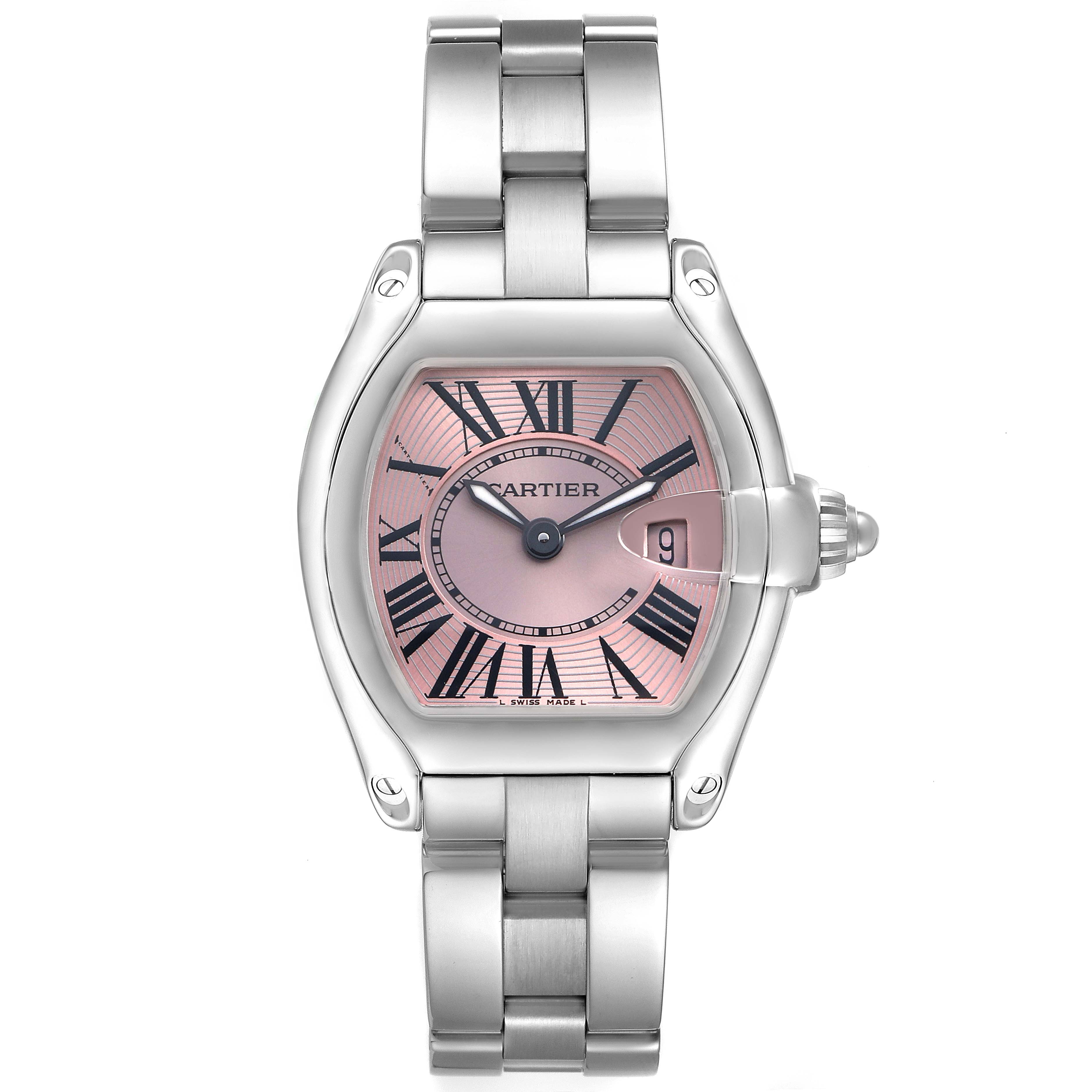 The Cartier Roadster 15200 Women's Stainless Steel Pink Dial watch is shown from a top-down angle, displaying its face, case, crown, and bracelet.