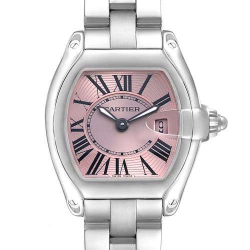 The Cartier Roadster 15200 Women's Stainless Steel Pink Dial watch is shown from the front, highlighting its face, Roman numerals, date window, and stainless steel bracelet.