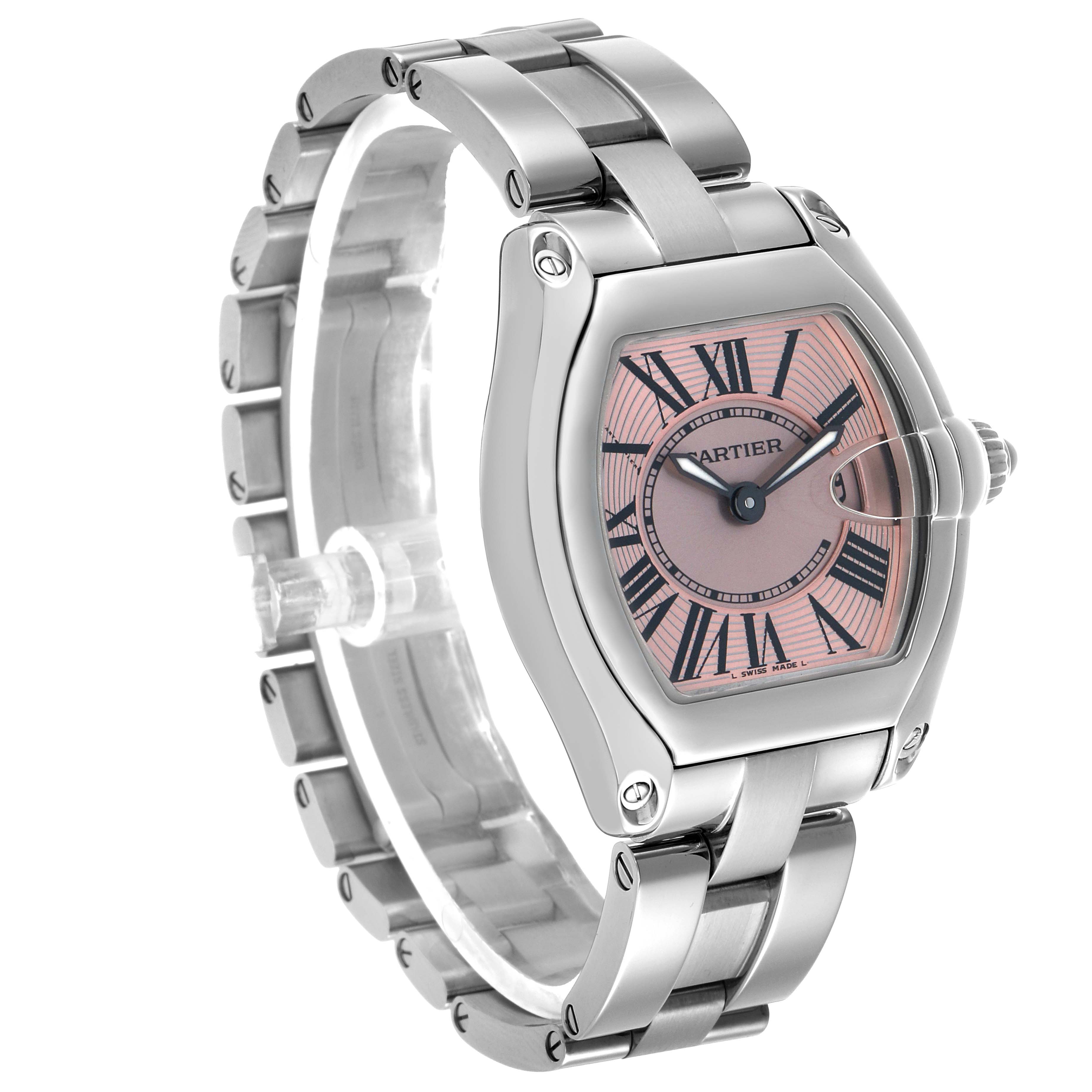 The Cartier Roadster 15200 Women's Stainless Steel Pink Dial watch is shown at a three-quarter angle, displaying the face, bracelet, and lugs.