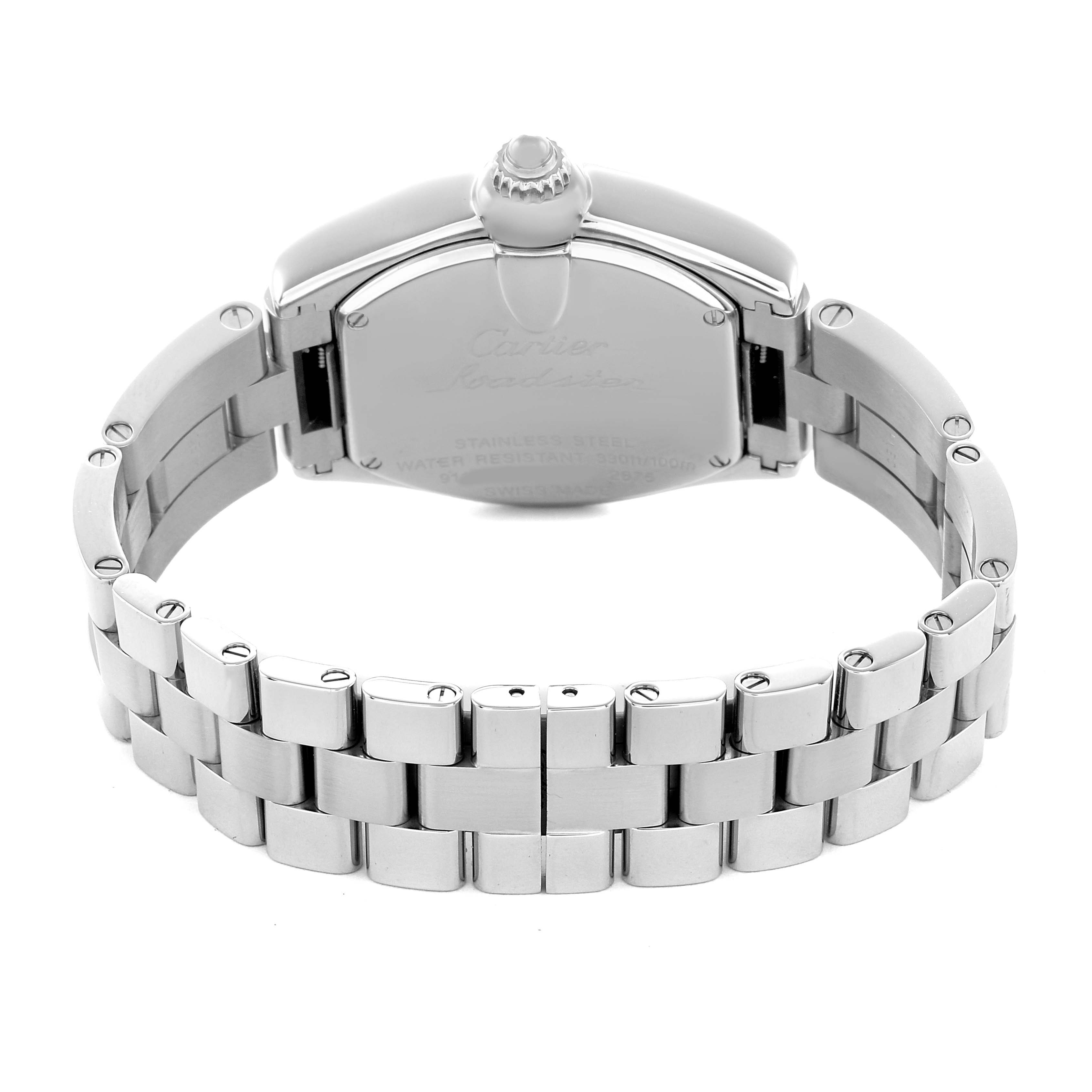 The image shows the back view of a Cartier Roadster 15200 Women's Stainless Steel Pink Dial watch, highlighting the stainless steel case and bracelet with a visible deployment clasp.