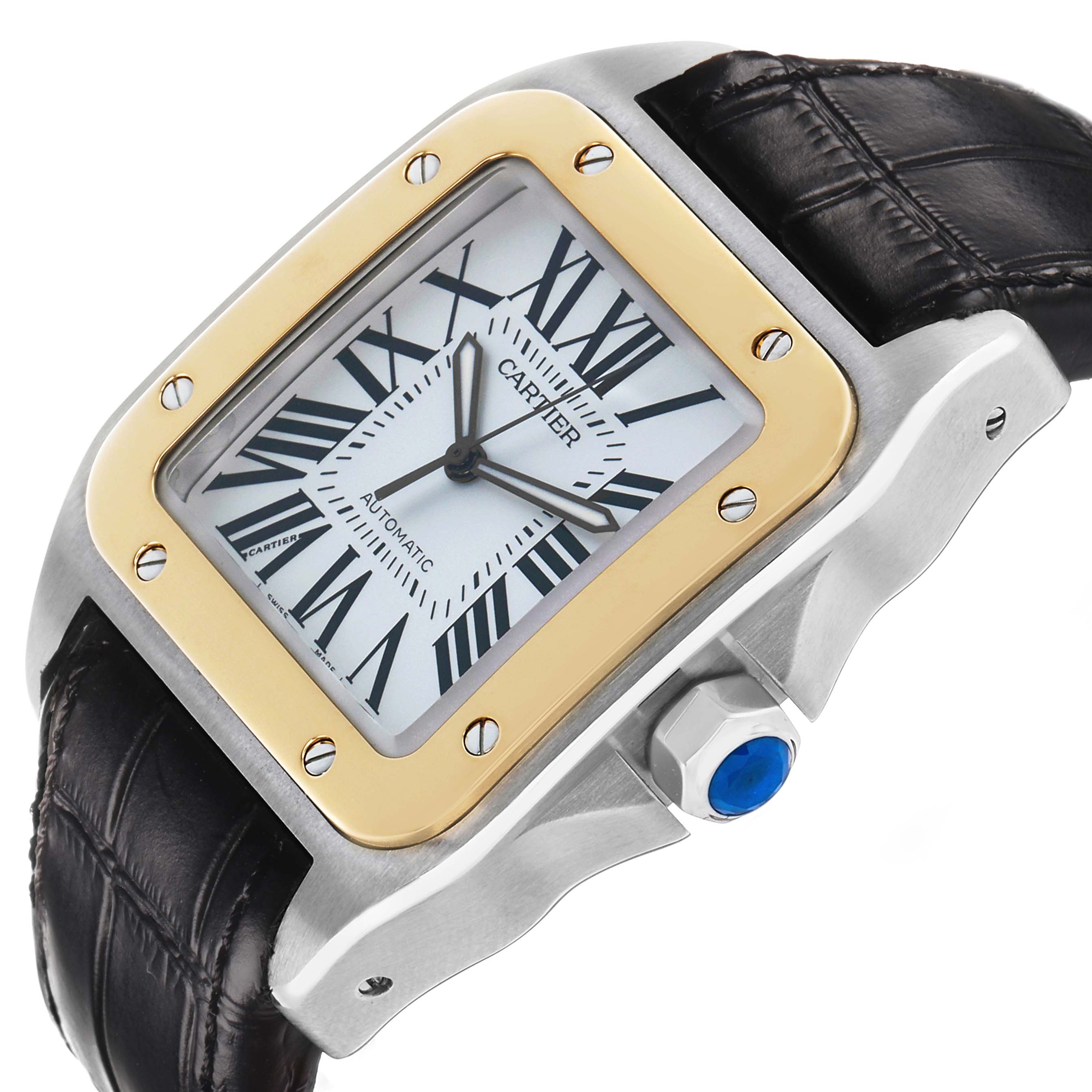 The Cartier Santos W20072X7 Men's Stainless Steel Silver Dial watch is shown from a slightly angled side view, highlighting its gold bezel, Roman numerals, and black leather strap.