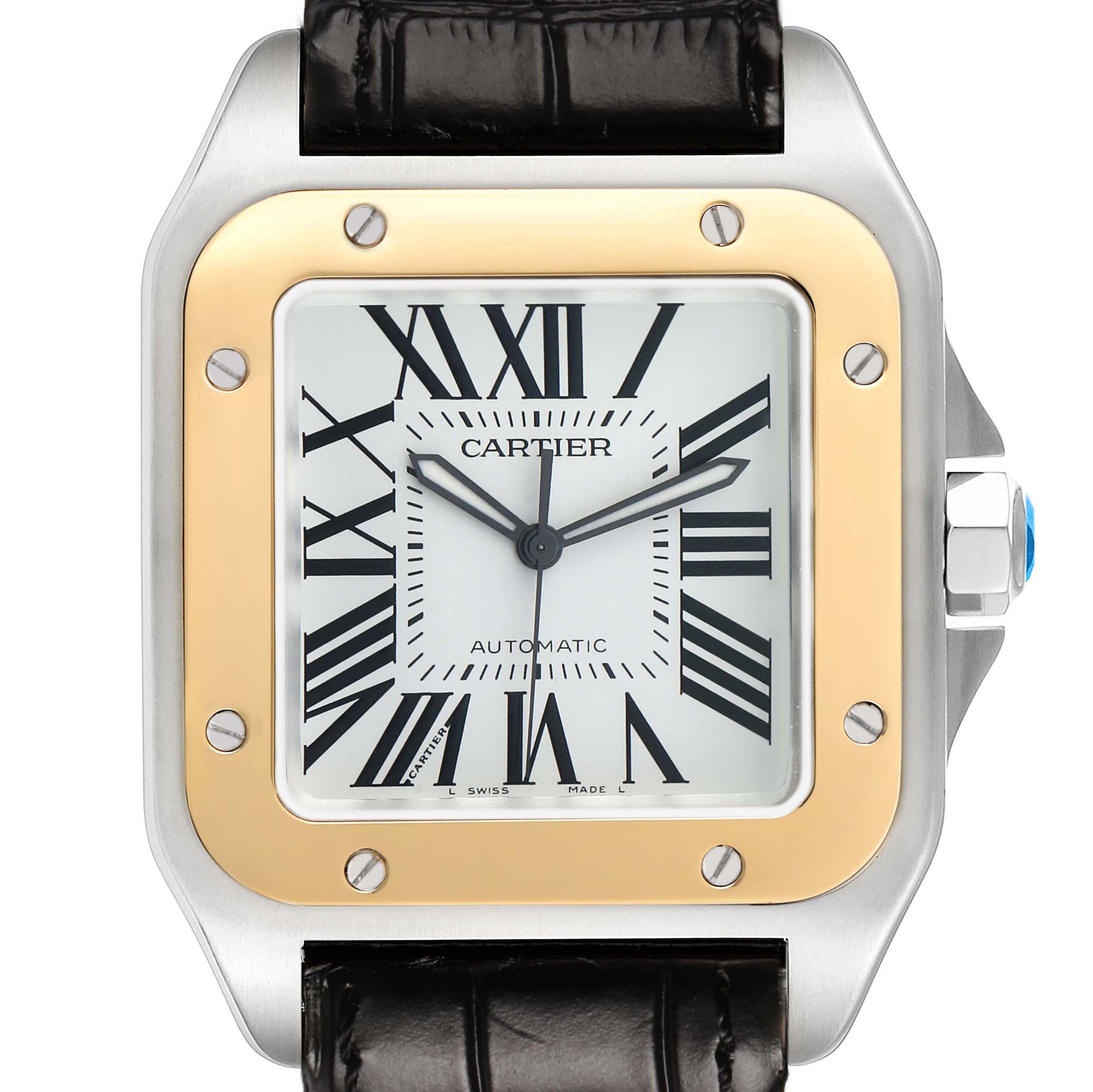 The Cartier Santos W20072X7 Men's Stainless Steel Silver Dial watch is shown from the front, displaying the face, bezel, crown, and part of the strap.