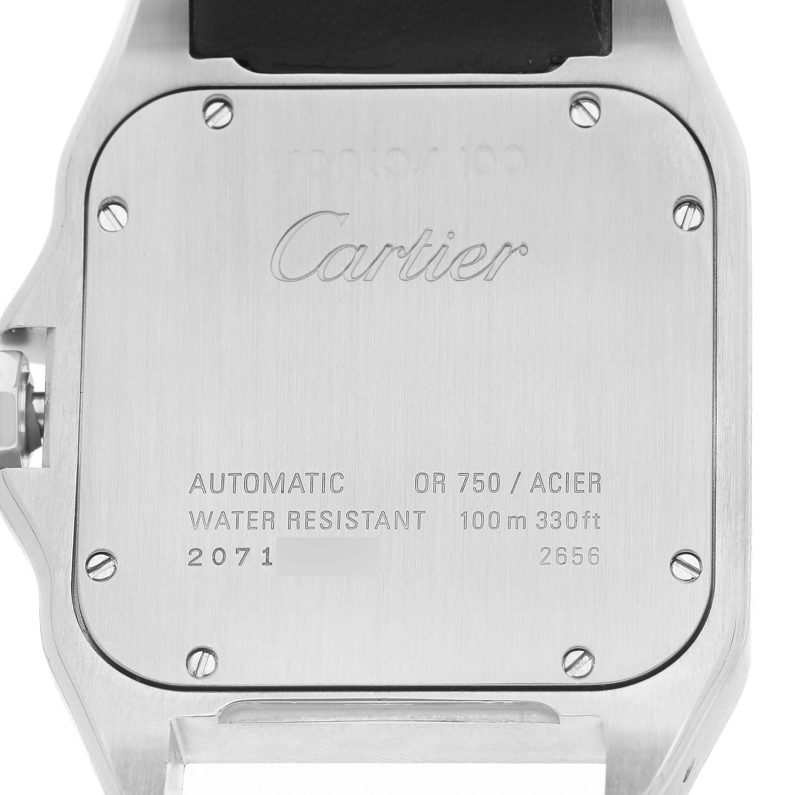 The image shows the back case of a Santos model by Cartier, highlighting its automatic movement and specifications.