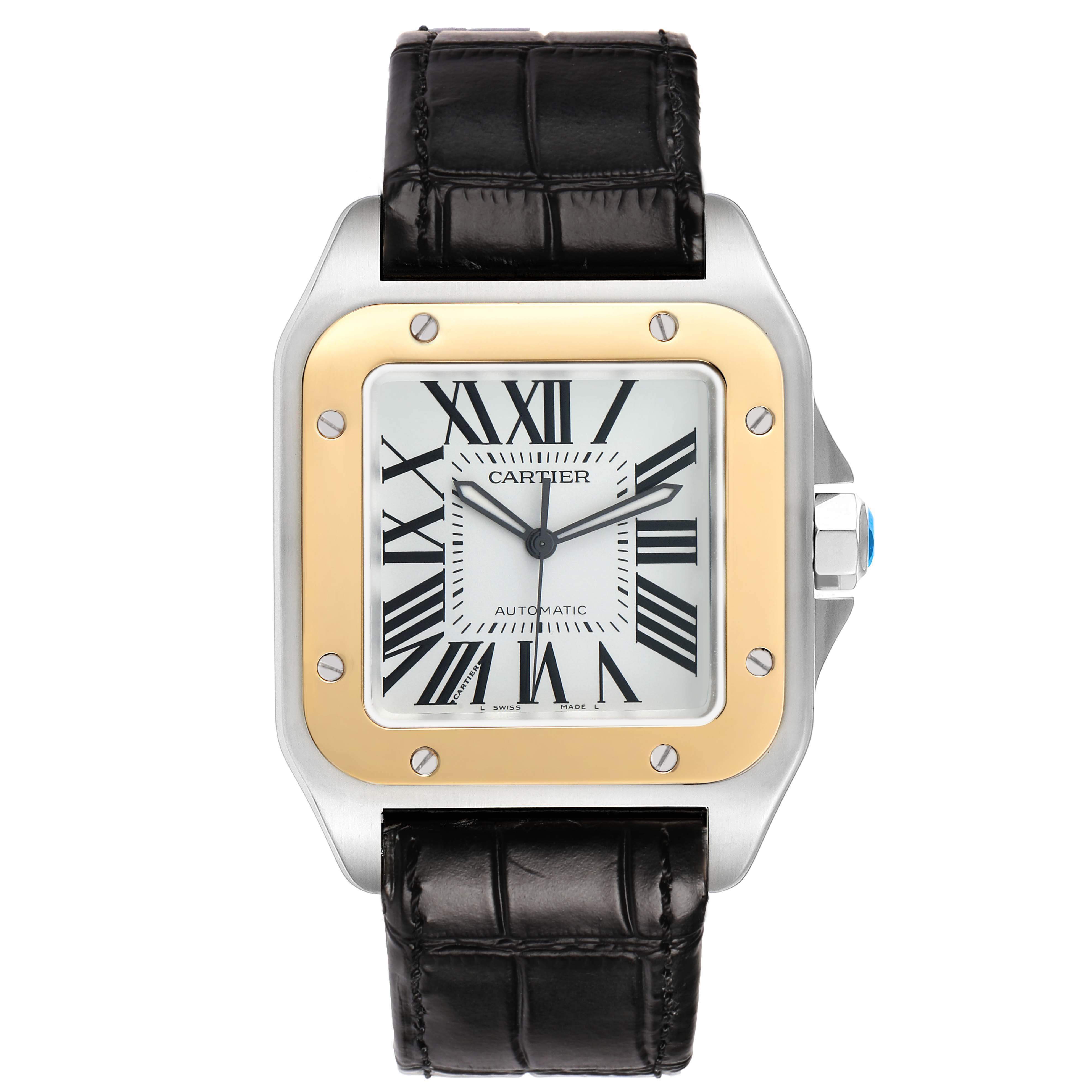 The Cartier Santos W20072X7 Men's Stainless Steel Silver Dial watch is shown from the front, highlighting the dial, bezel, and strap.