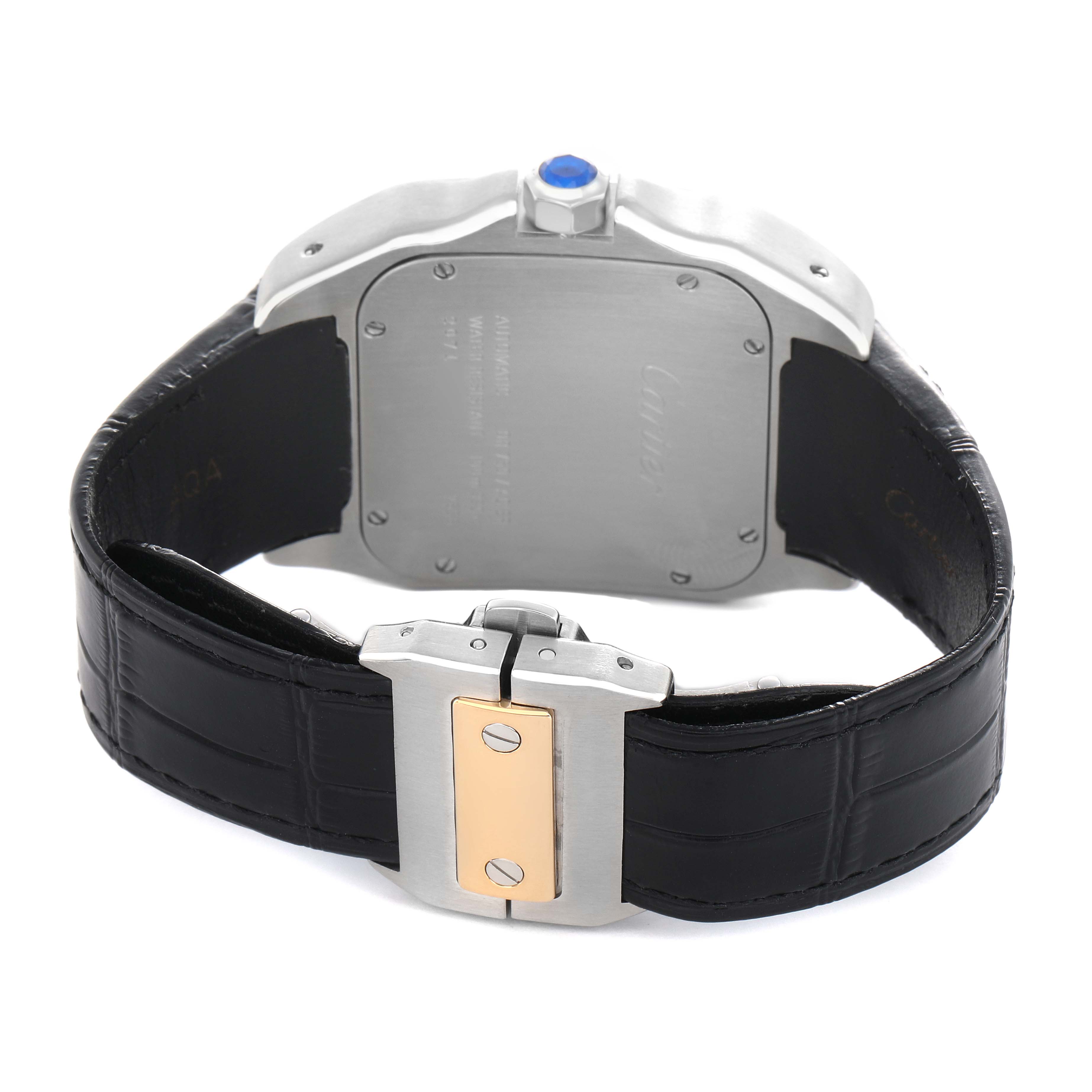 The image shows the back of a Santos by Cartier, highlighting its case back, strap, and clasp from a rear angle.