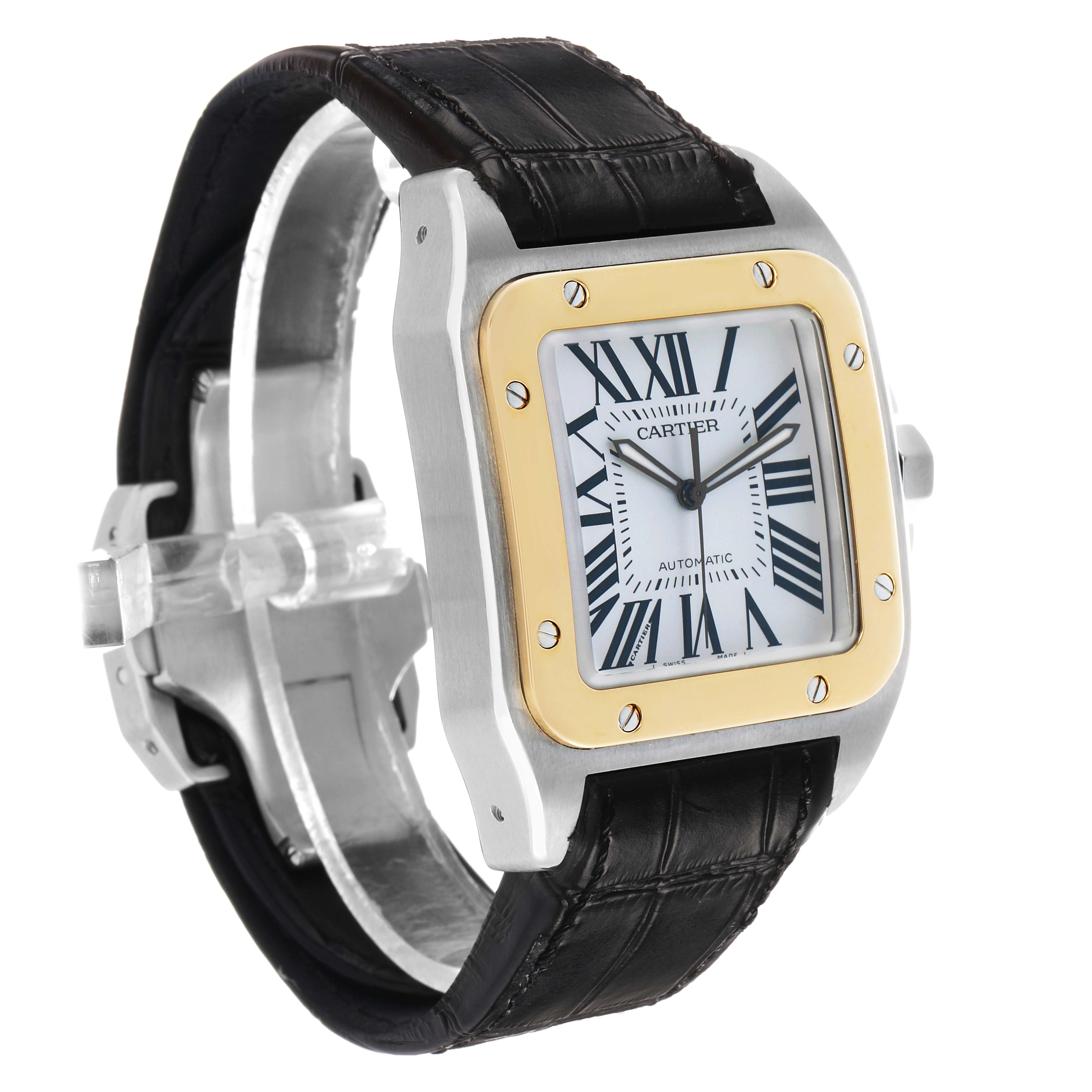 The Cartier Santos W20072X7 Men's Stainless Steel Silver Dial watch is shown from a three-quarter angle highlighting the face, bezel, and black leather strap.