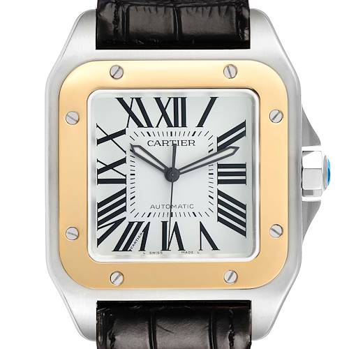 The Cartier Santos W20072X7 Men's Stainless Steel Silver Dial watch is shown from a front angle, highlighting the bezel, dial, crown, and leather strap.