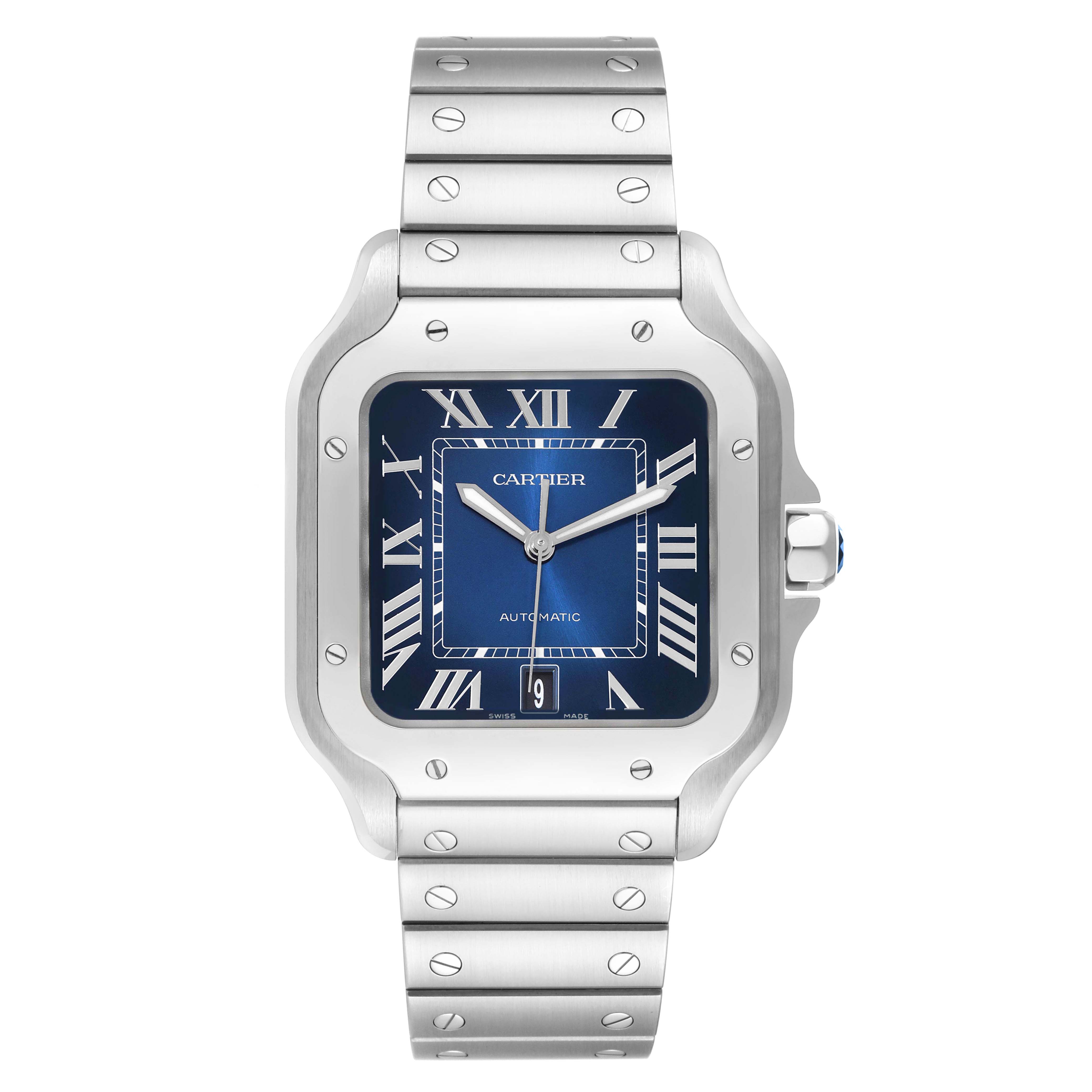 The image shows a frontal view of the Santos model watch by Cartier, highlighting its stainless steel case, bracelet, and blue dial.