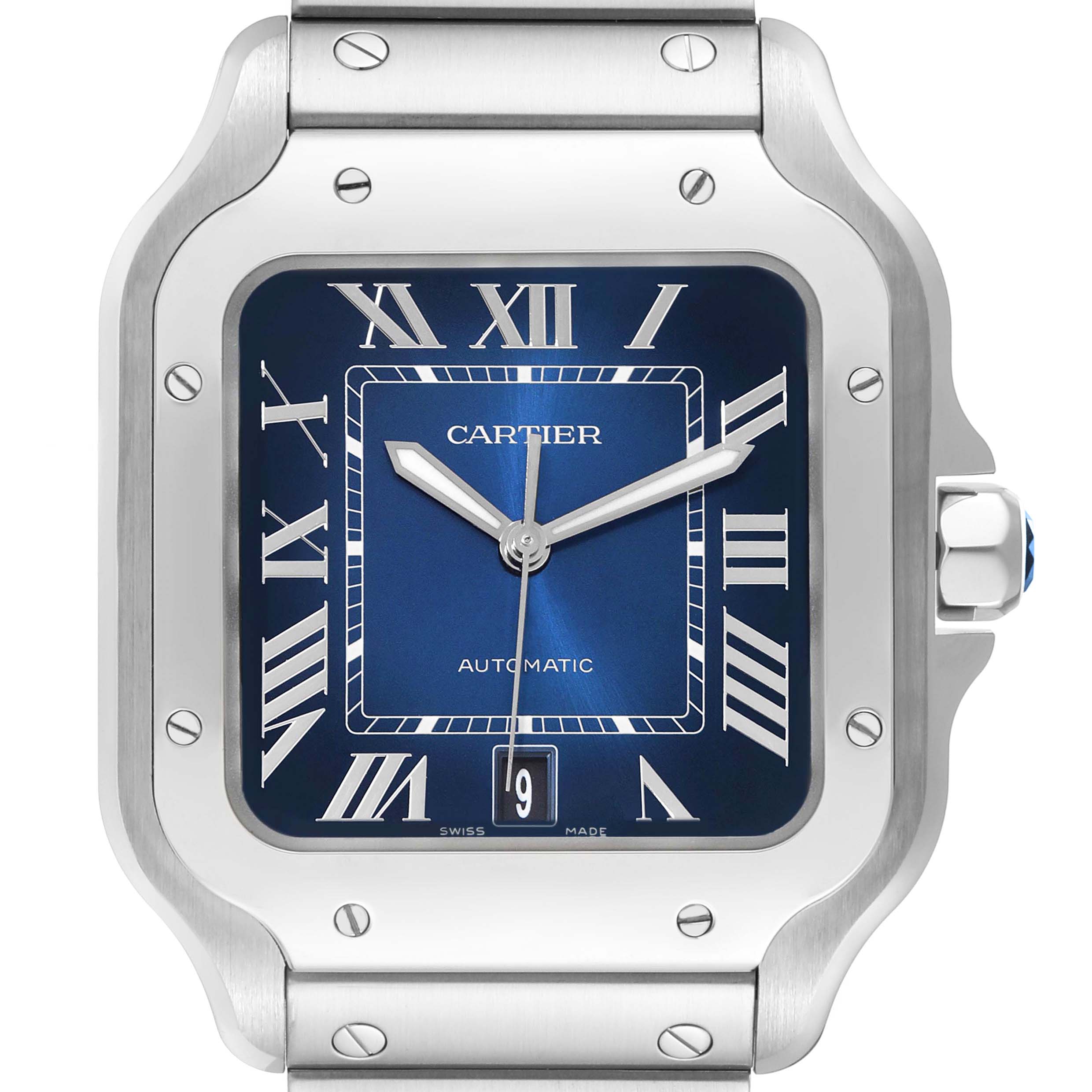 The image shows a frontal view of a Cartier Santos WSSA0030 Men
s Stainless Steel Blue Dial WSSA0030 Men
s Stainless Steel Blue Dial watch, highlighting the blue dial, Roman numerals, and stainless steel case.