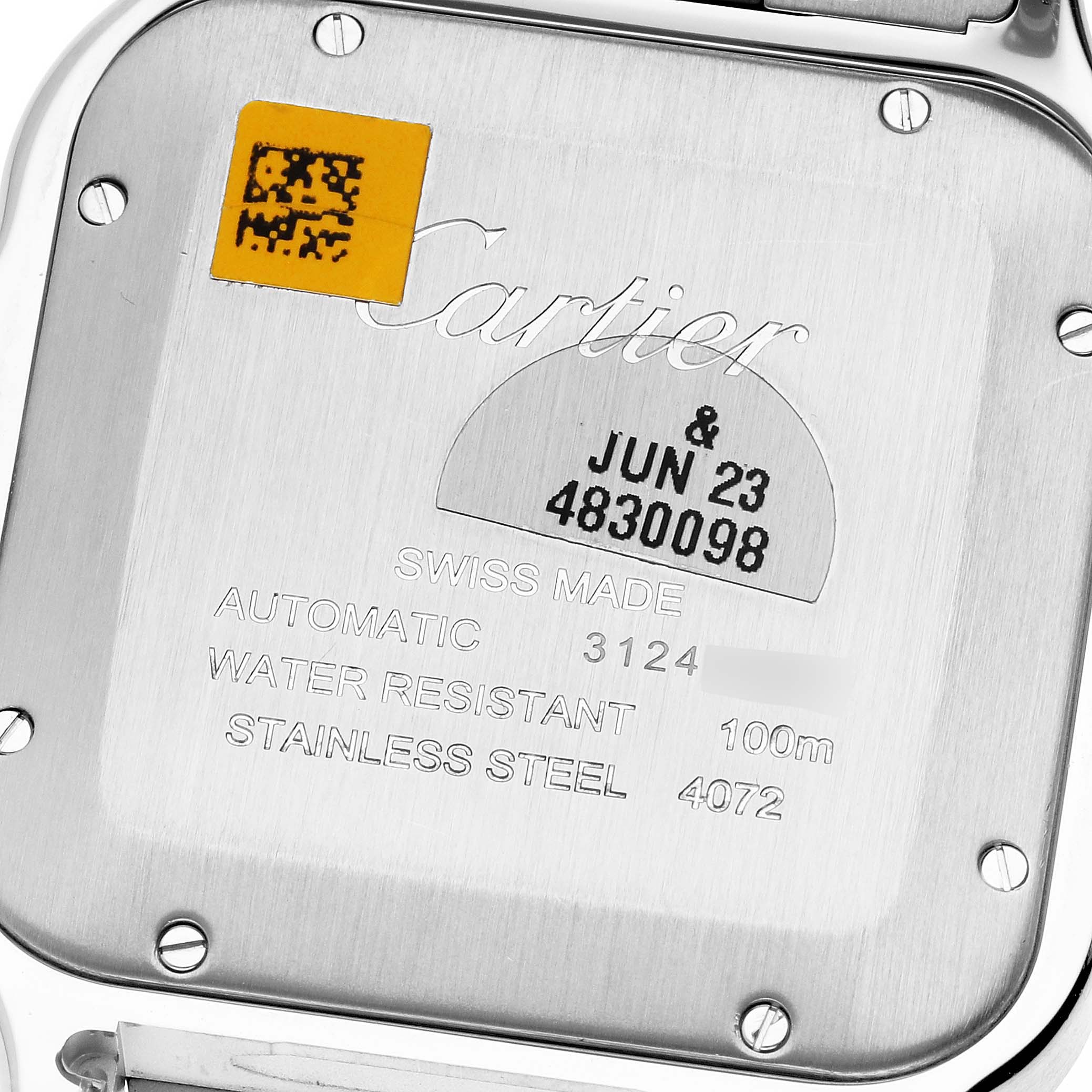 The image shows the back case of a Cartier Santos WSSA0030 Men
s Stainless Steel Blue Dial WSSA0030 Men
s Stainless Steel Blue Dial watch, detailing its specifications and serial number.