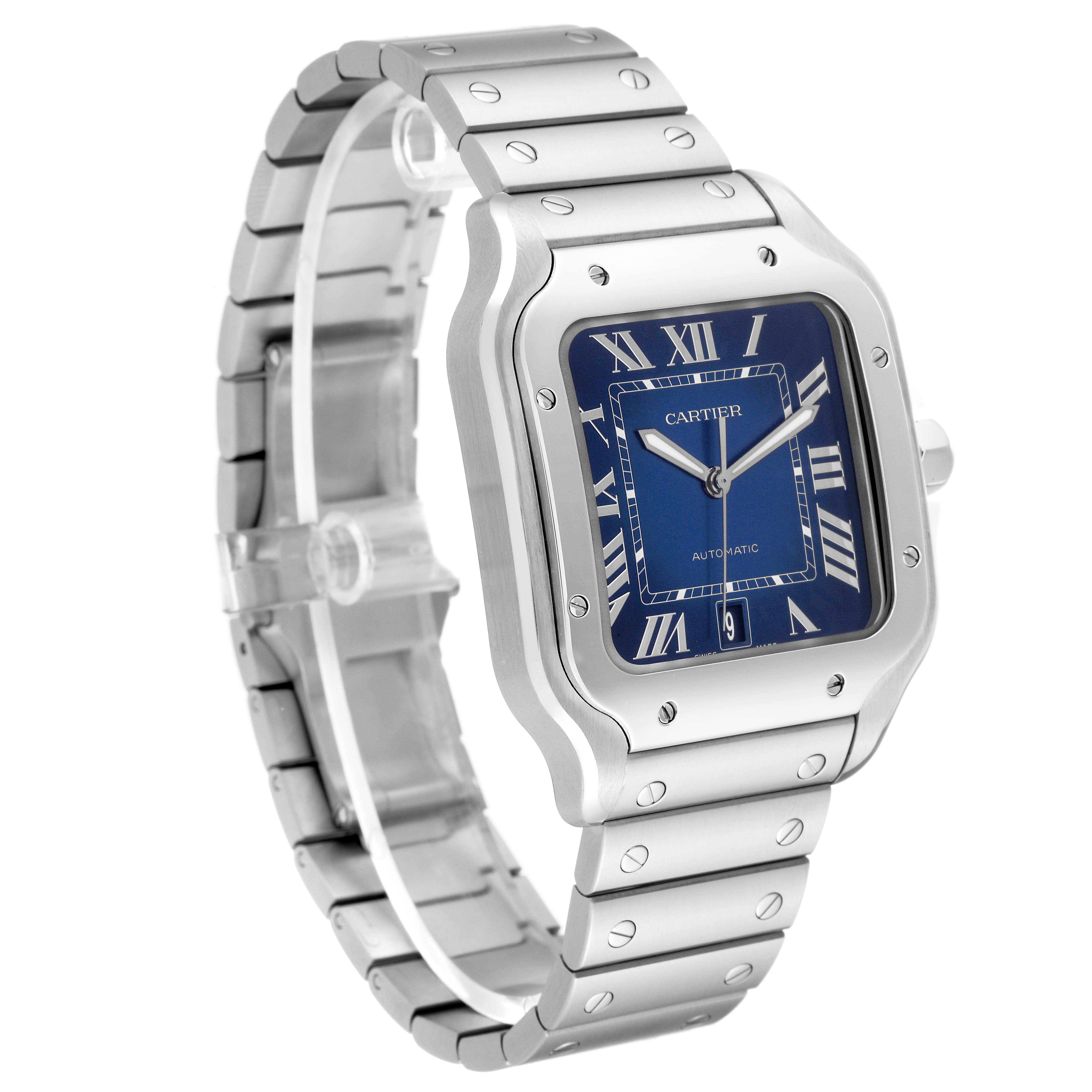 The Cartier Santos WSSA0030 Men
s Stainless Steel Blue Dial WSSA0030 Men
s Stainless Steel Blue Dial watch is shown at a slight angle, displaying its face, bezel, and metal bracelet.