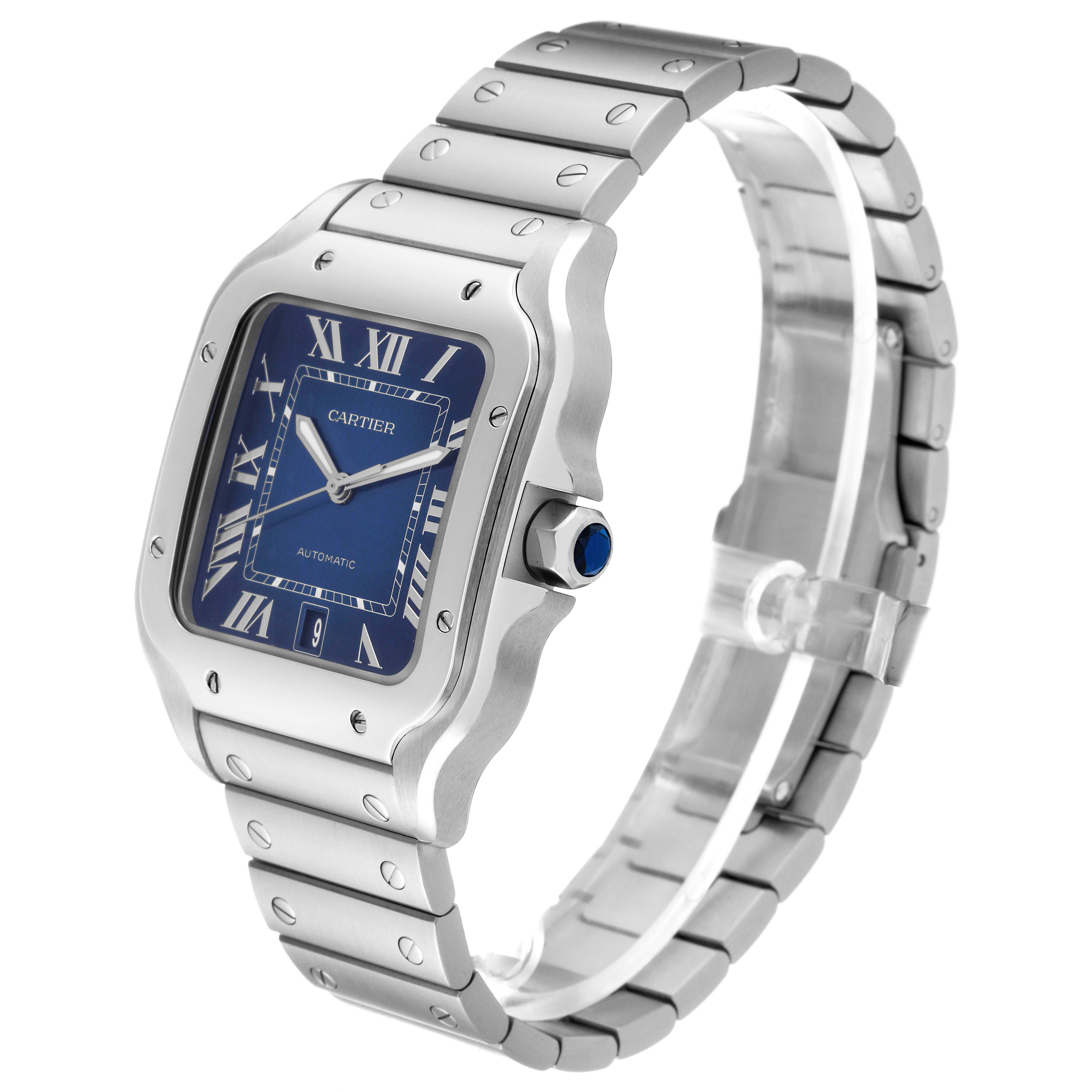 The image shows a Cartier Santos WSSA0030 Men
s Stainless Steel Blue Dial WSSA0030 Men
s Stainless Steel Blue Dial watch at a three-quarter angle, displaying the watch face, crown, and bracelet.