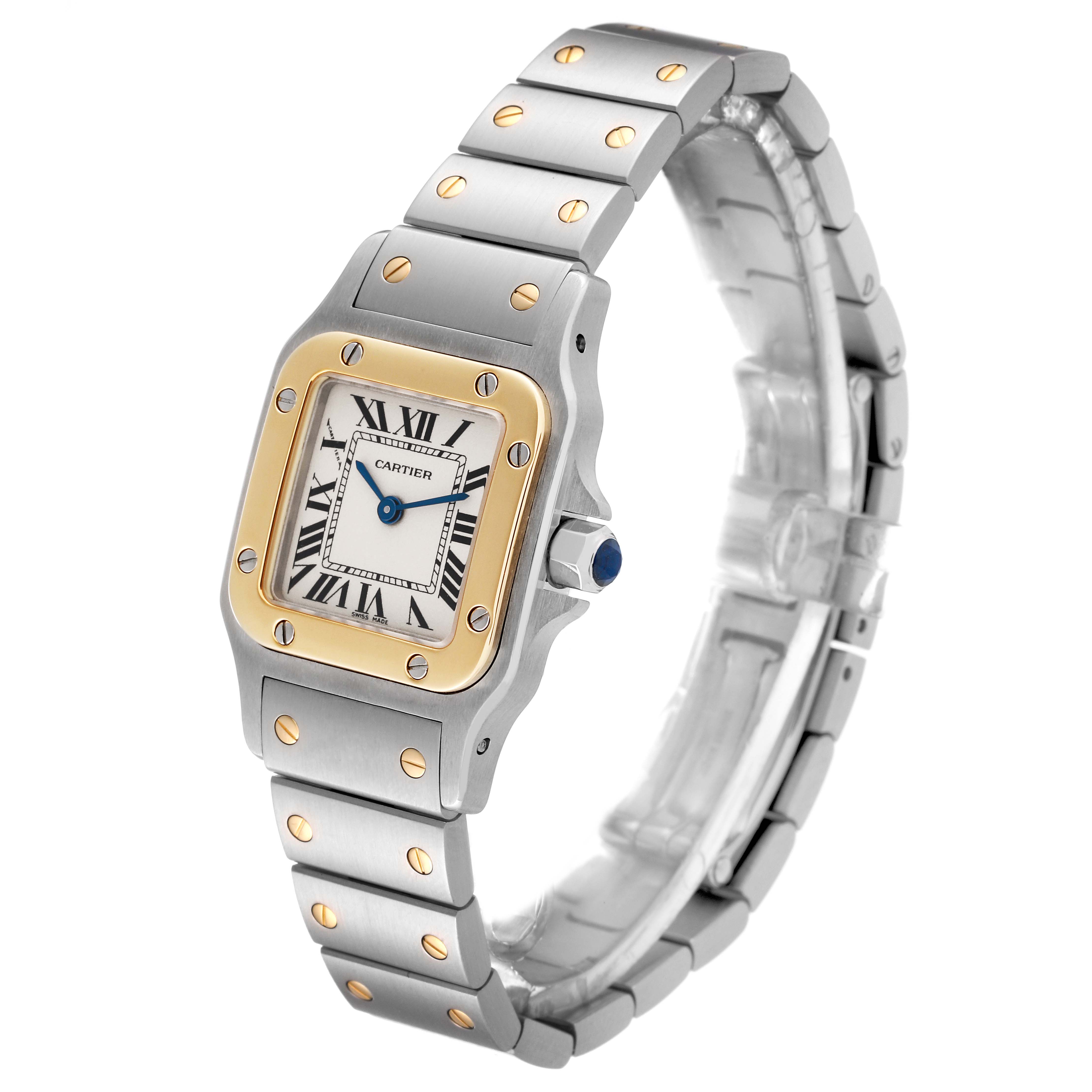 The Cartier Santos W20012C4 Women's Steel and Gold (two tone) Silver Dial W20012C4 Women's Steel and Gold (two tone) Silver Dial watch is shown from a front-side angle, displaying the case, dial, and bracelet.